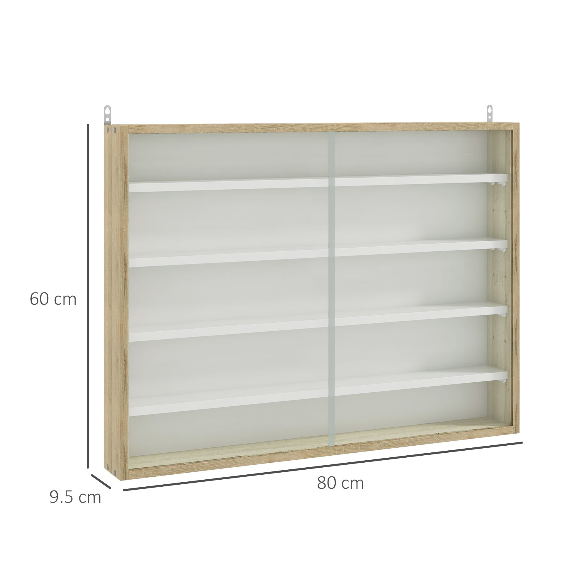 HOMCOM 5-Tier Wall Display Shelf Unit Cabinet w/ 4 Adjustable Shelves Glass Doors Home Office Ornaments 60x80cm Natural