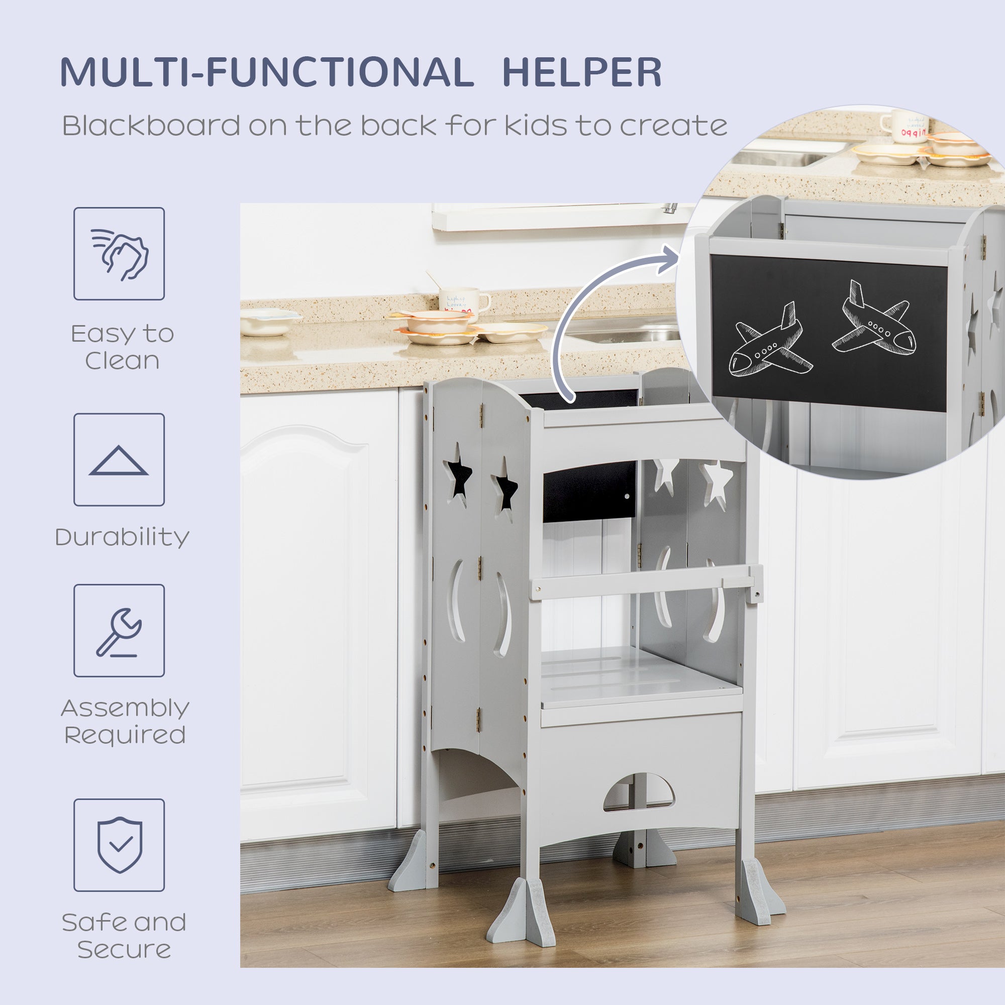 HOMCOM Kids Step Stool Toddler Kitchen Stool with Blackboard Lockable Handrail for Kids Kitchen Counter Grey - North Peak Garden Furniture