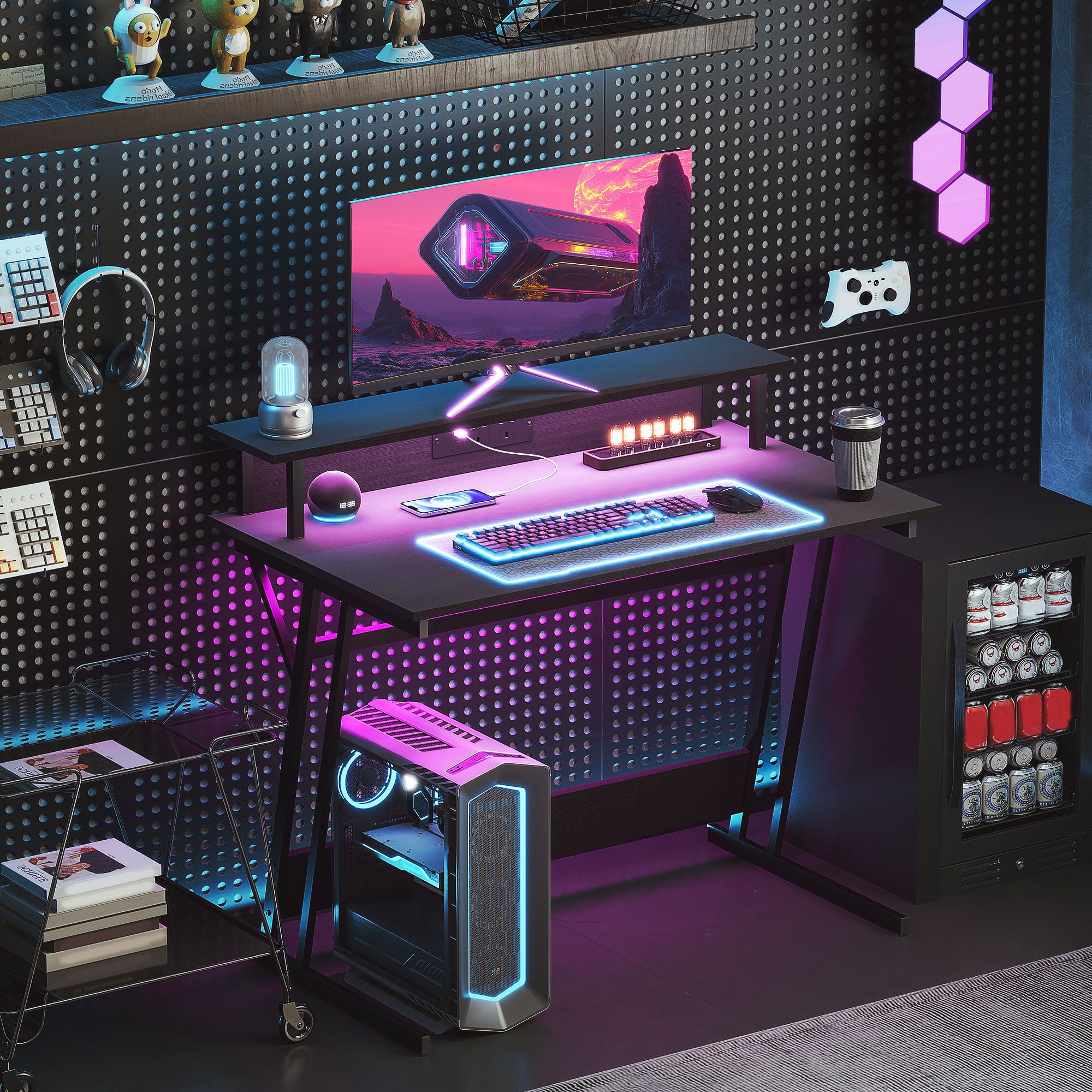 HOMCOM Gaming Desk with LED Lights and Power Outlets, 100 x 60cm Z Shaped Computer Desk with Monitor Stand and Steel Frame, PC Gaming Table for Home Office, Black - North Peak Garden Furniture