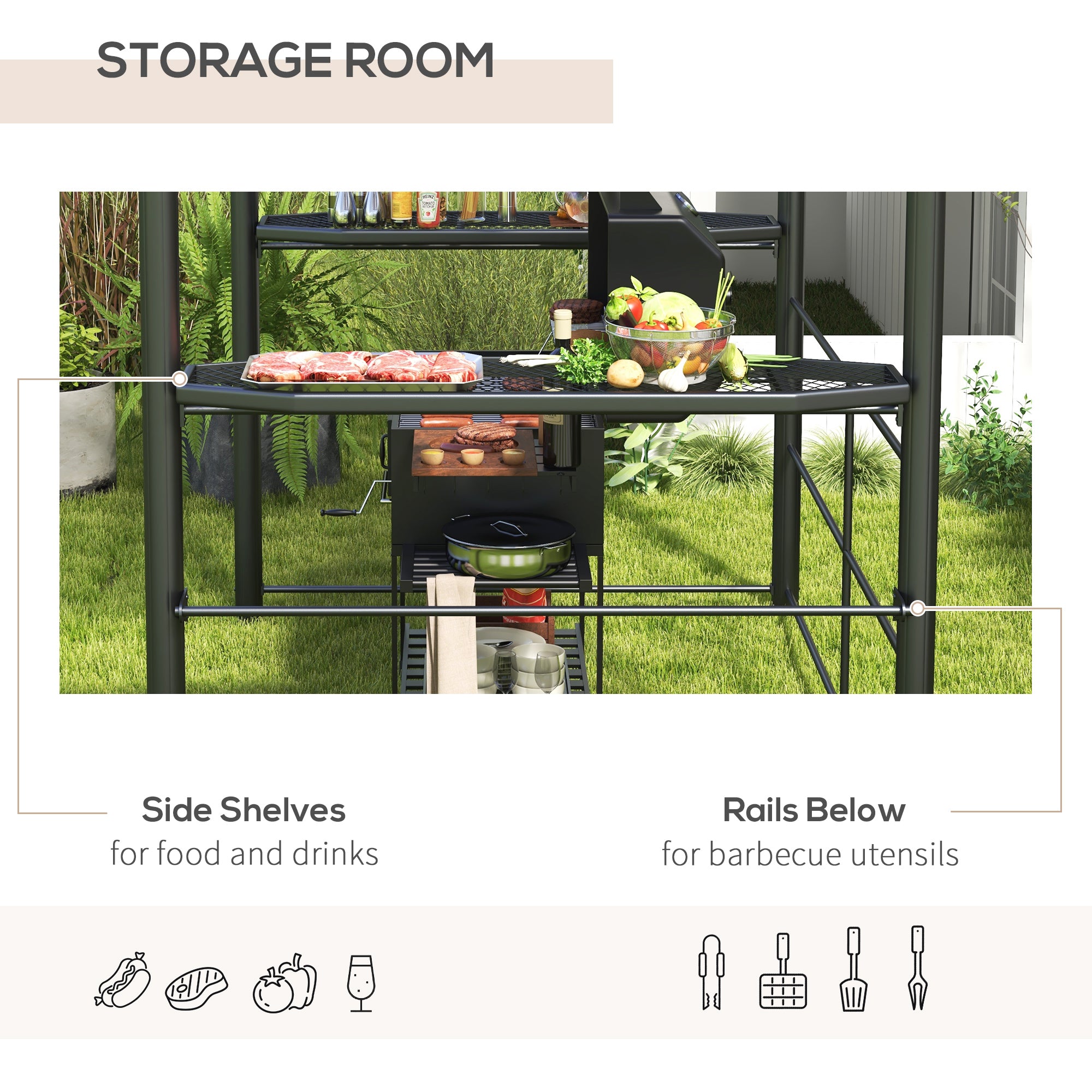 Outsunny 2.4 x 1.5m Outdoor Grill Gazebo with Side Shelves, PC Board Roof, Dark Grey - North Peak Garden Furniture