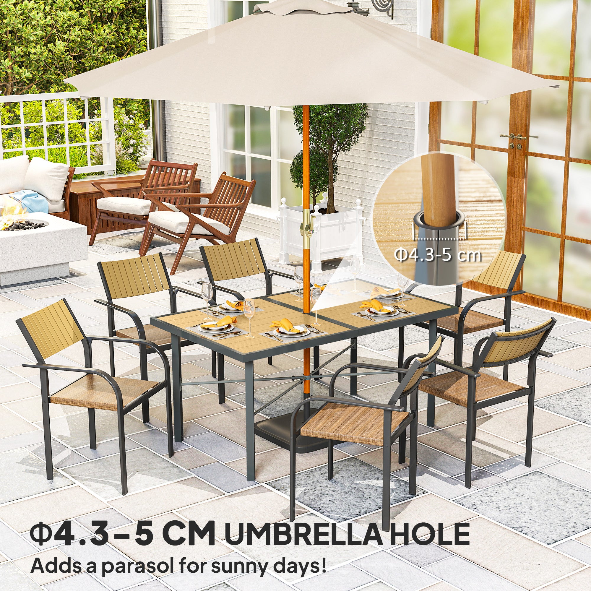 Outsunny Garden Table for 6, Outdoor Dining Table with 5cm Umbrella Hole, Wood Effect Top, Rust Resistant Frame, for Patio, Balcony, Terrace, 150 x 90 cm - North Peak Garden Furniture