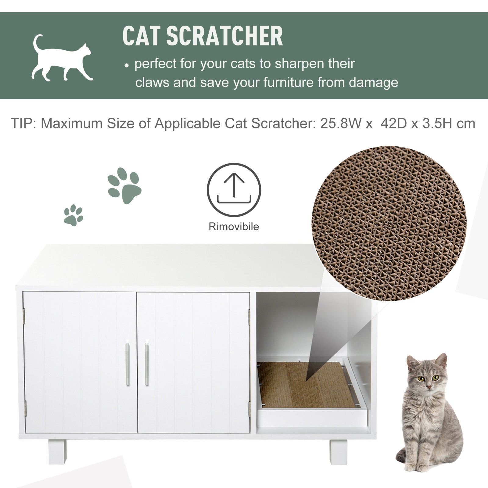 PawHut Wooden Cat Litter Box Enclosure & House with Nightstand/End Table Design, Scratcher, & Magnetic Doors, White - North Peak Garden Furniture