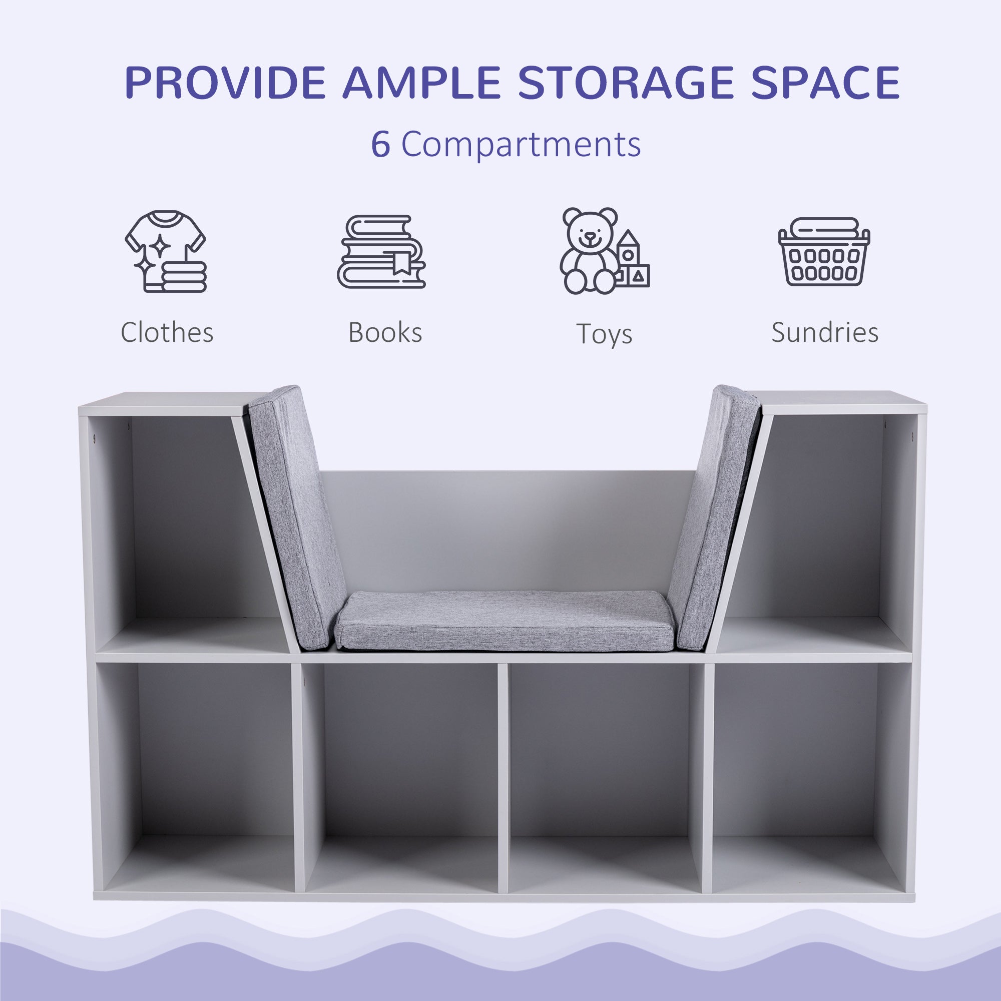 HOMCOM Kids Bookcase Shelf Storage Cabinet Unit, Living Room Sideboard w/ Six Compartments for Toys, Books - Grey - North Peak Garden Furniture