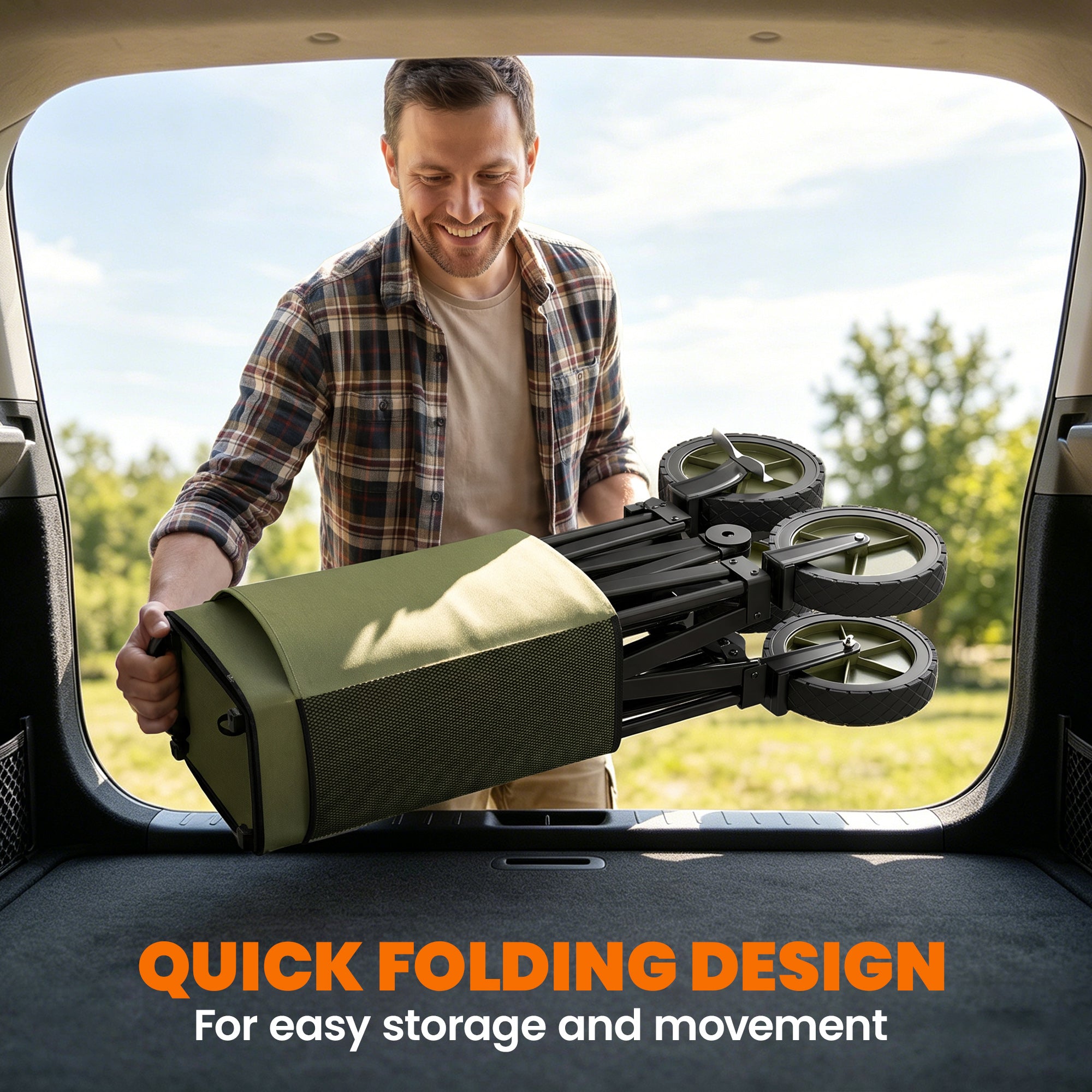 Outsunny Folding Garden Trolley, Cargo Trailer on Wheels, Collapsible Camping Trolley with Folding Board, Outdoor Utility Wagon with Steel Frame and Oxford Fabric, Green