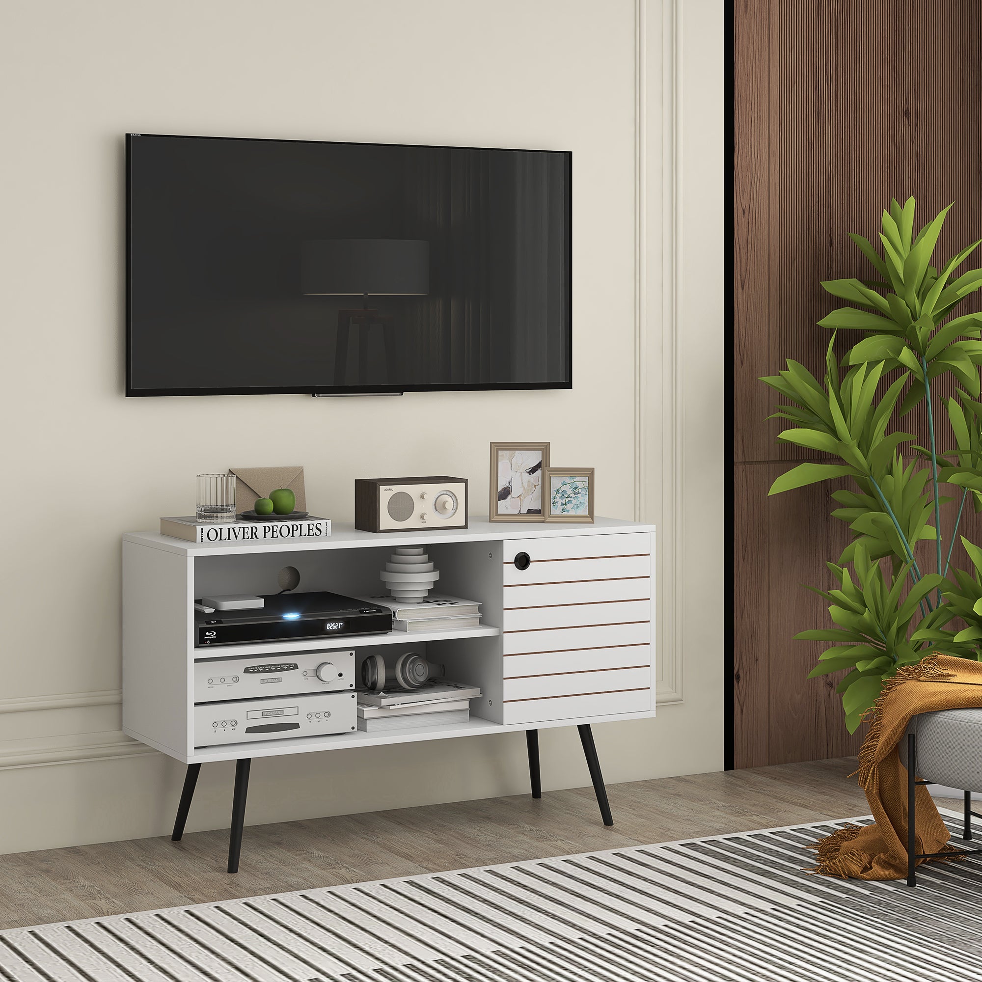 HOMCOM Duo Storage TV Unit, with Striped Door - White - North Peak Garden Furniture