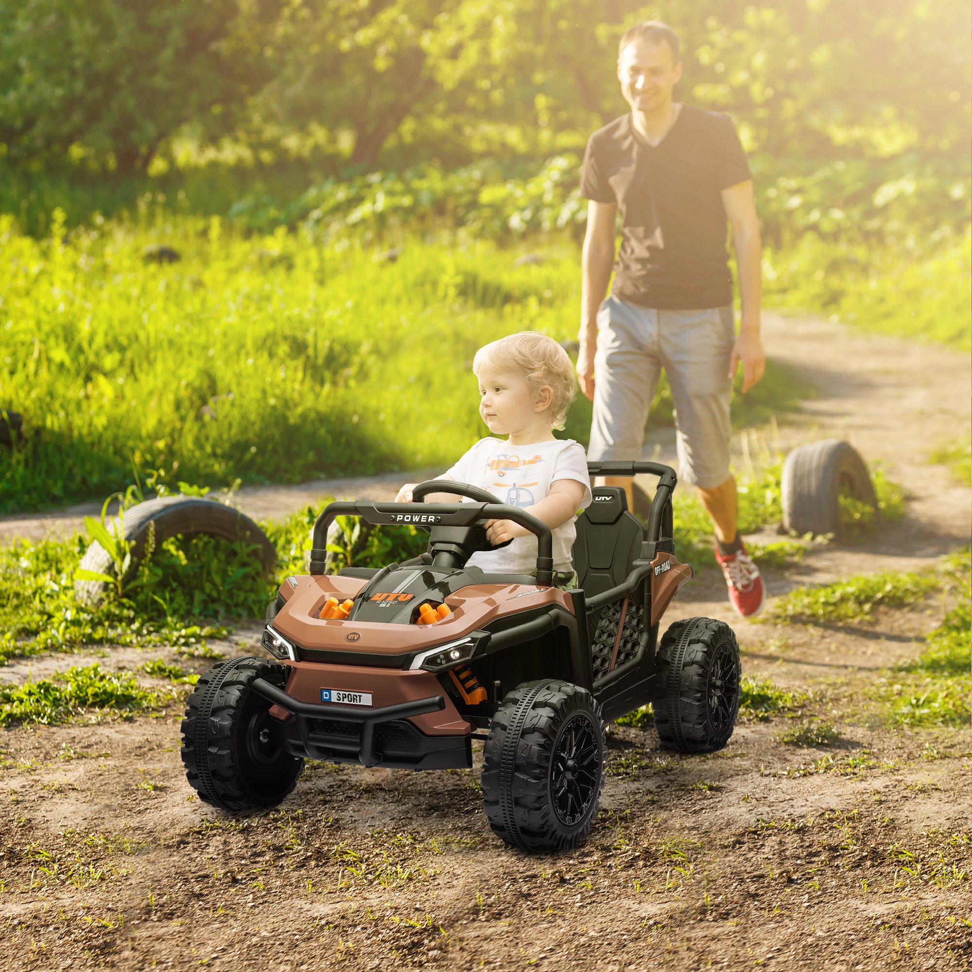 AIYAPLAY 12V Battery Powered Ride on Truck w/ Remote, 4 Suspension Wheels, Horn Lights Music USB, for 3-5 Years Old - Brown - North Peak Garden Furniture