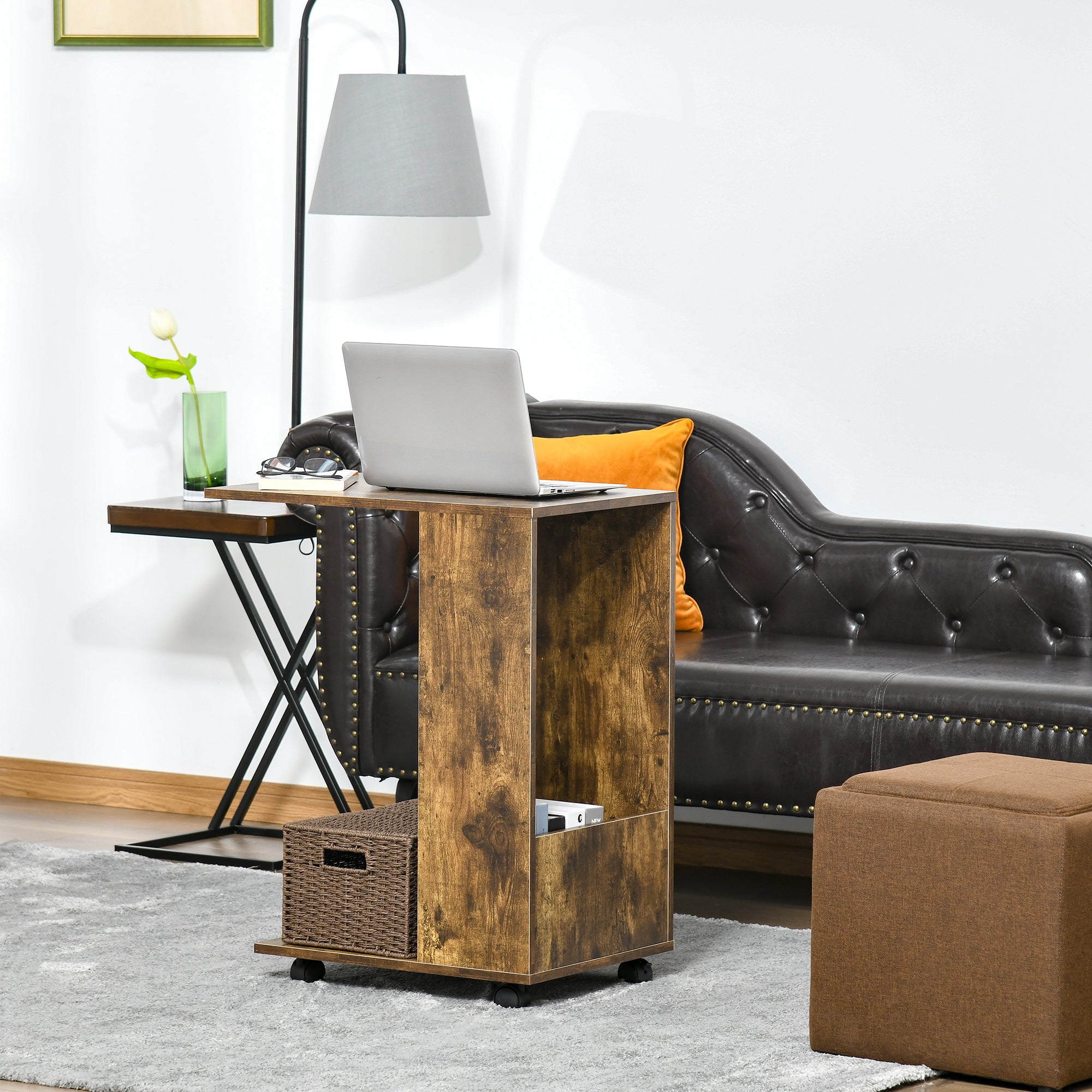 HOMCOM Mobile Sofa Side Table C-Shape End Table with Storage and Casters for Laptop Coffee Snack, Rustic Brown - North Peak Garden Furniture