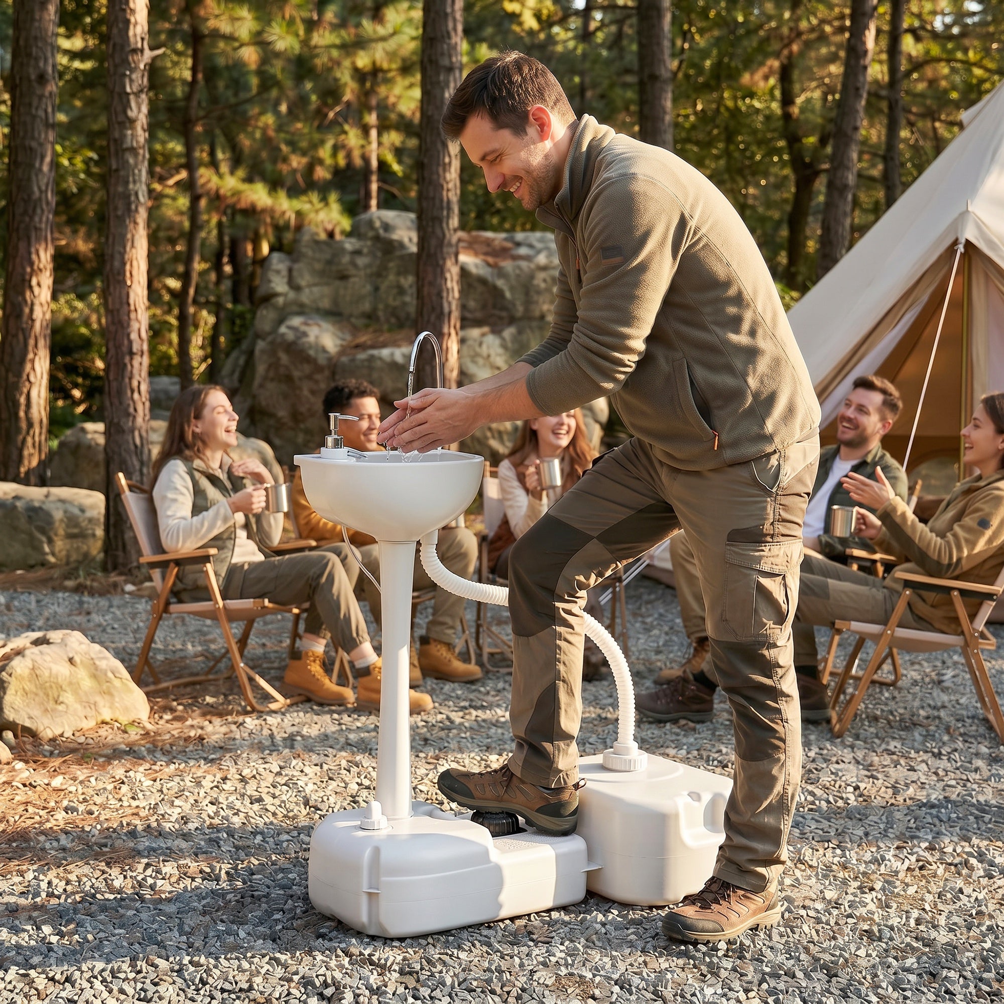 Outsunny Portable Camping Sink with Running Water and Wastewater Tank, Hand Wash Basin with Rolling Wheels, Foot Pump, Soap Dispenser for Outdoor Events, Gatherings, Picnic