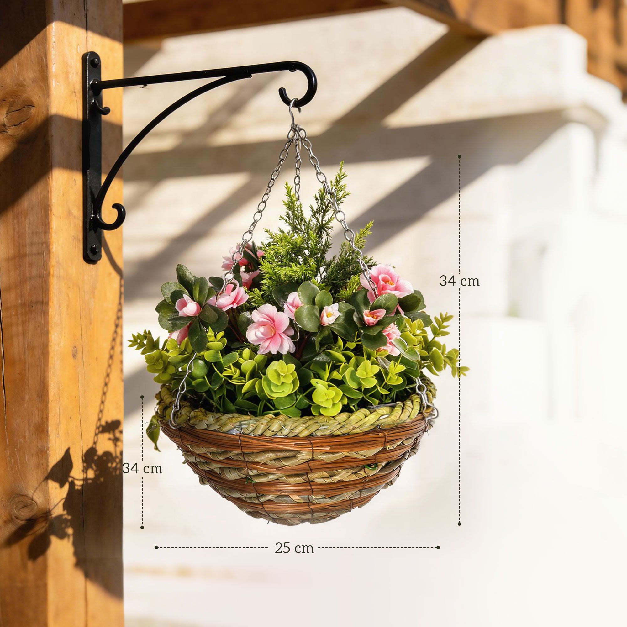 Outsunny Pack of 2 Faux Plant Artificial Lisianthus Flowers Hanging Planter with Basket for Indoor Outdoor Decoration, Pink
