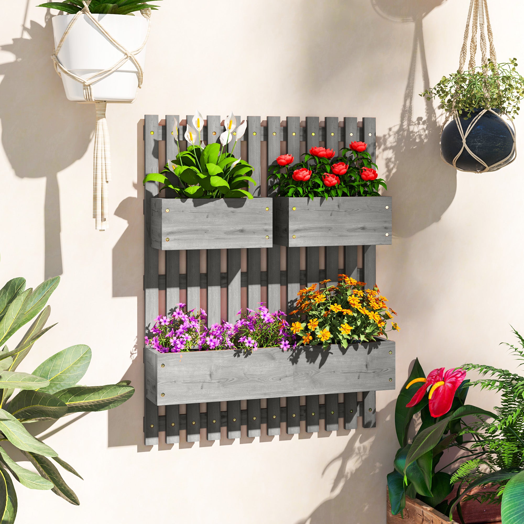 Outsunny Wall-mounted Wooden Garden Planters with Trellis, Drainage Holes and 3 Planter Boxes for Patio, Grey - North Peak Garden Furniture