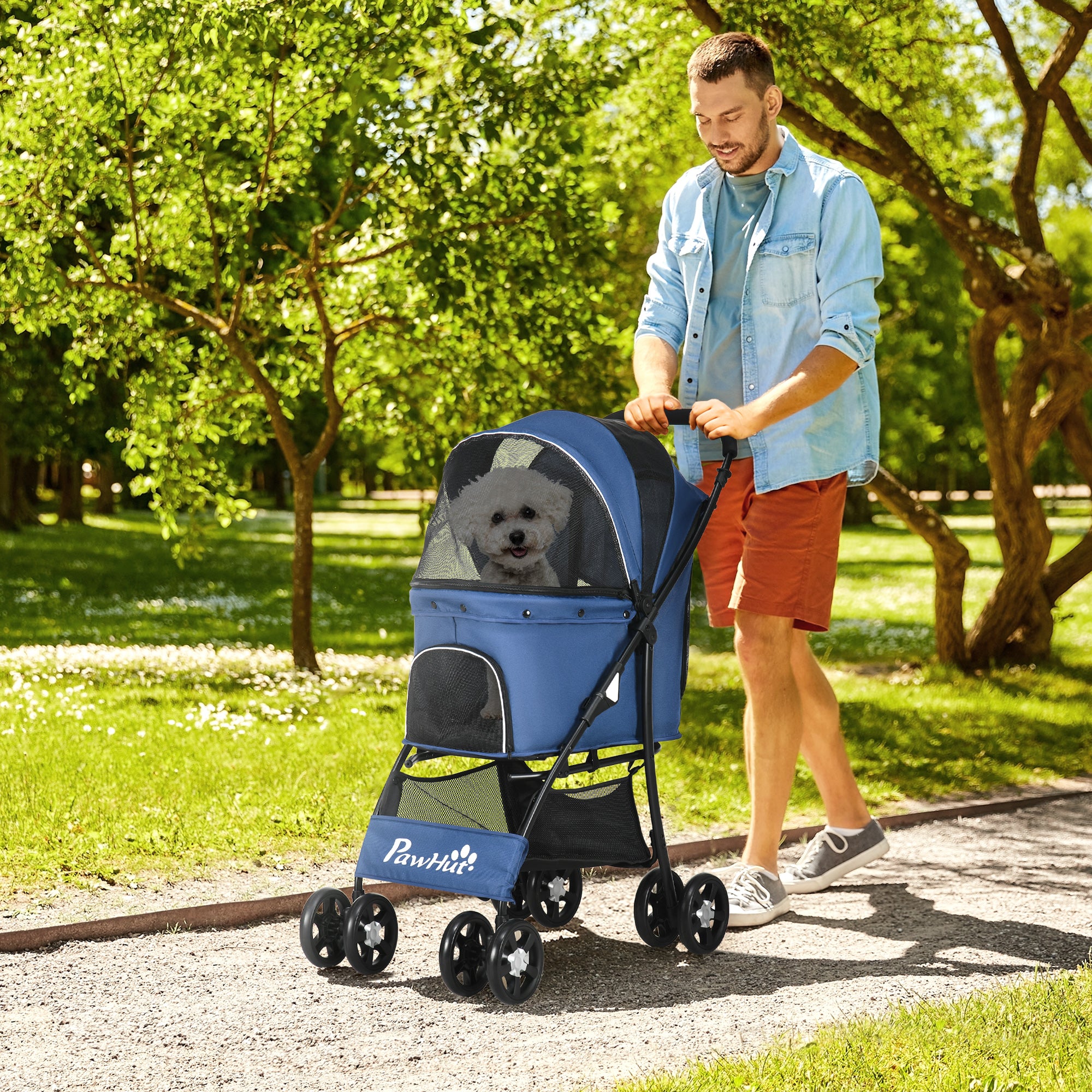 PawHut Foldable Pet Stroller for Dogs, Puppy Stroller, with Large Carriage, Brakes, Canopy - Blue - North Peak Garden Furniture