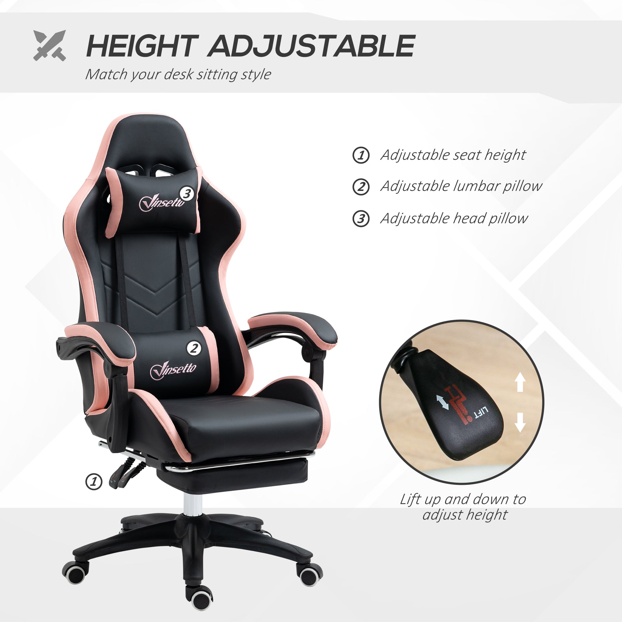 Vinsetto Computer Gaming Chair, PU Leather Desk Chair with Footrest, Swivel Task Chair with 135° Reclining Back and Lumbar Support, PC Chair for Adults, Black and Pink