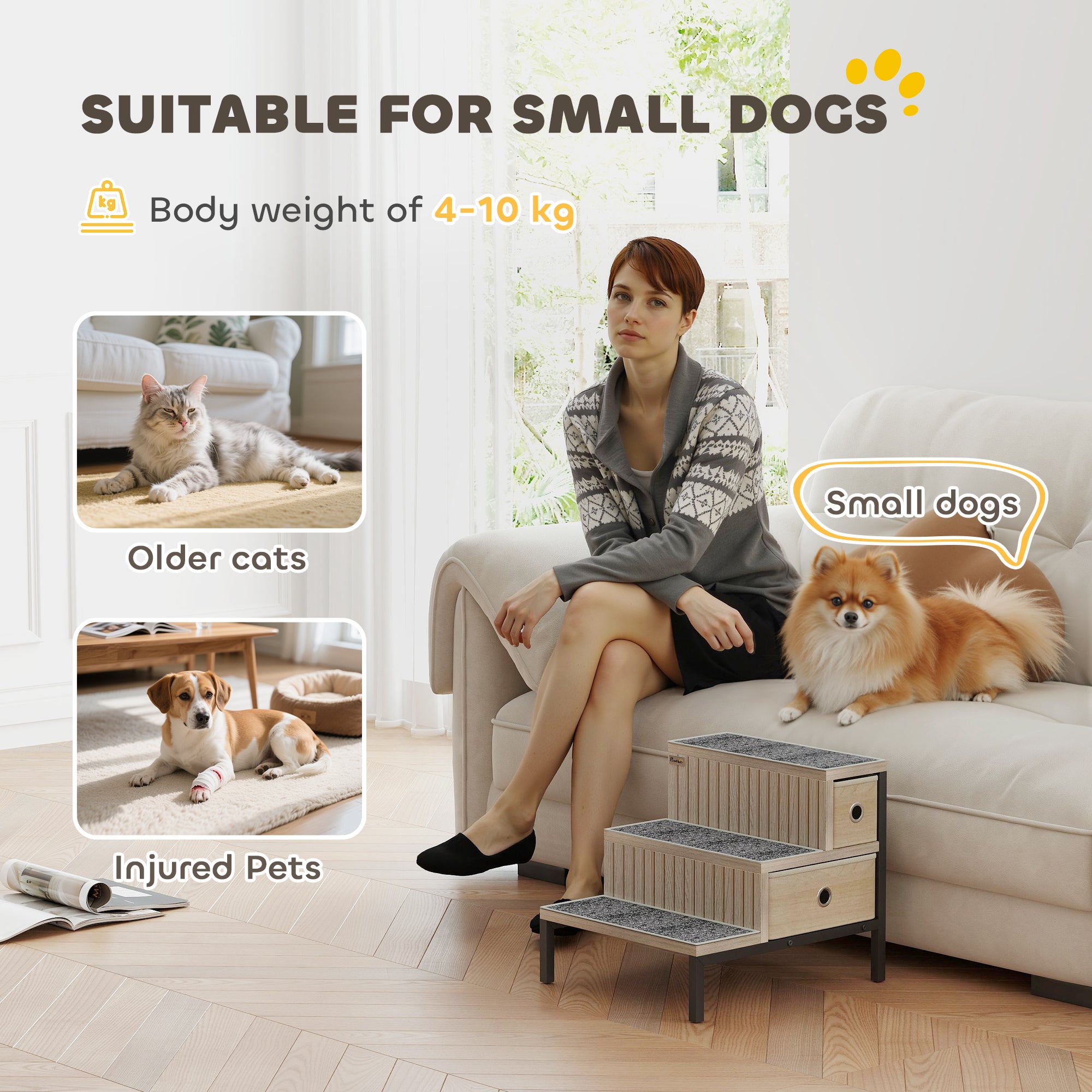 PawHut Dog Stairs with Storage, Non-Slip Cover, Pet Steps for Small Dogs & Older Cats, for Sofa, High Bed, Oak Tone