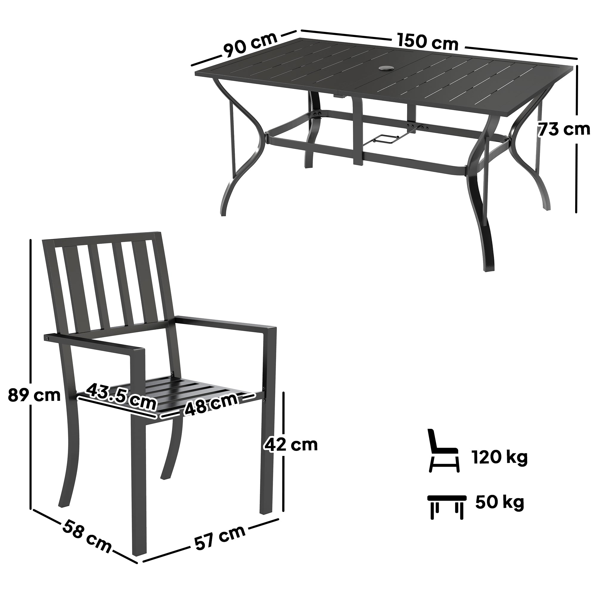 Outsunny 7 Pieces Garden Table and Chairs 6 Seater Outdoor Table and Chairs with Umbrella Hole, for Poolside, Garden, Black - North Peak Garden Furniture