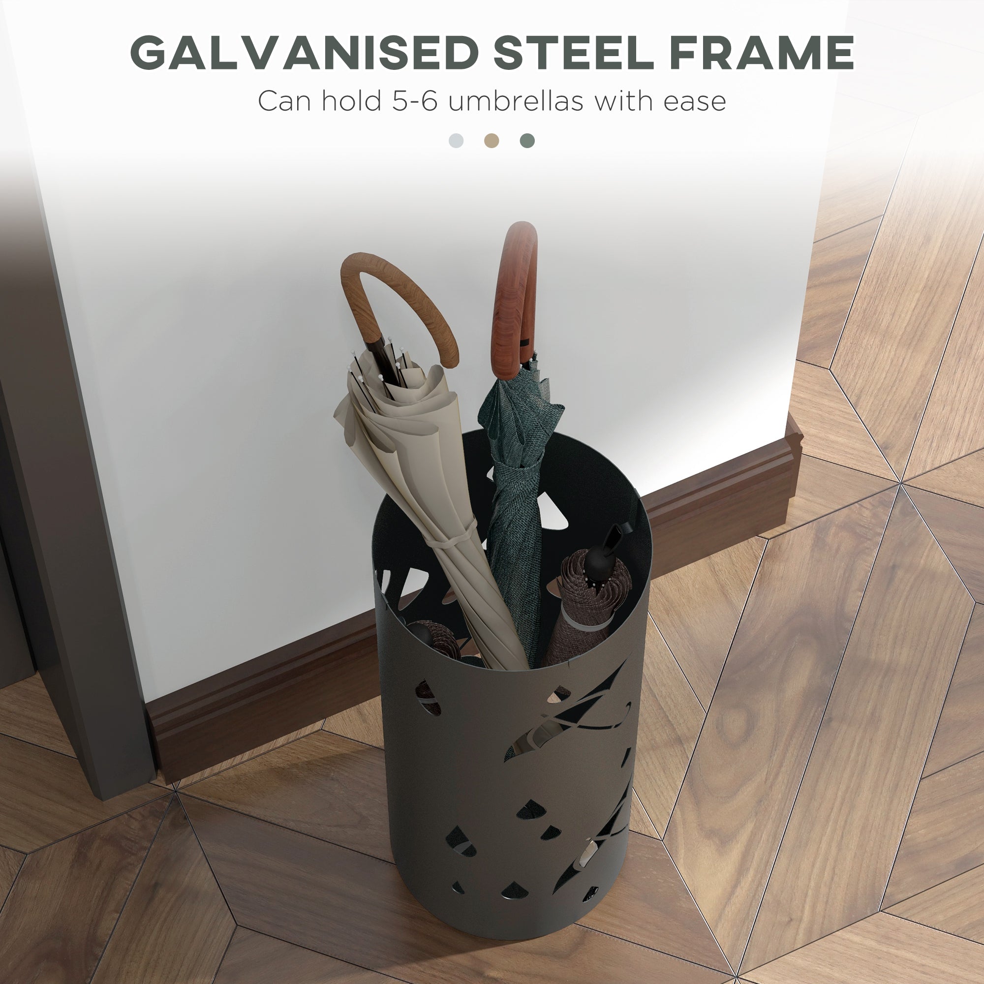 HOMCOM Freestanding Umbrella Stand for Hallway, Round Umbrella Basket with 4 Hooks and Drip Tray for Entryway, Dark Grey - North Peak Garden Furniture
