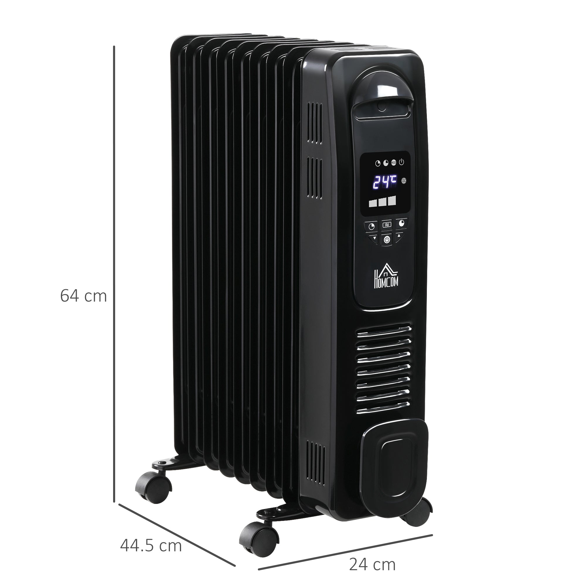 HOMCOM 2000W Digital Oil Filled Radiator, 9 Fin, Portable Electric Heater with LED Display, Timer, 3 Heat Settings, Safety Cut-Off and Remote Control, Black