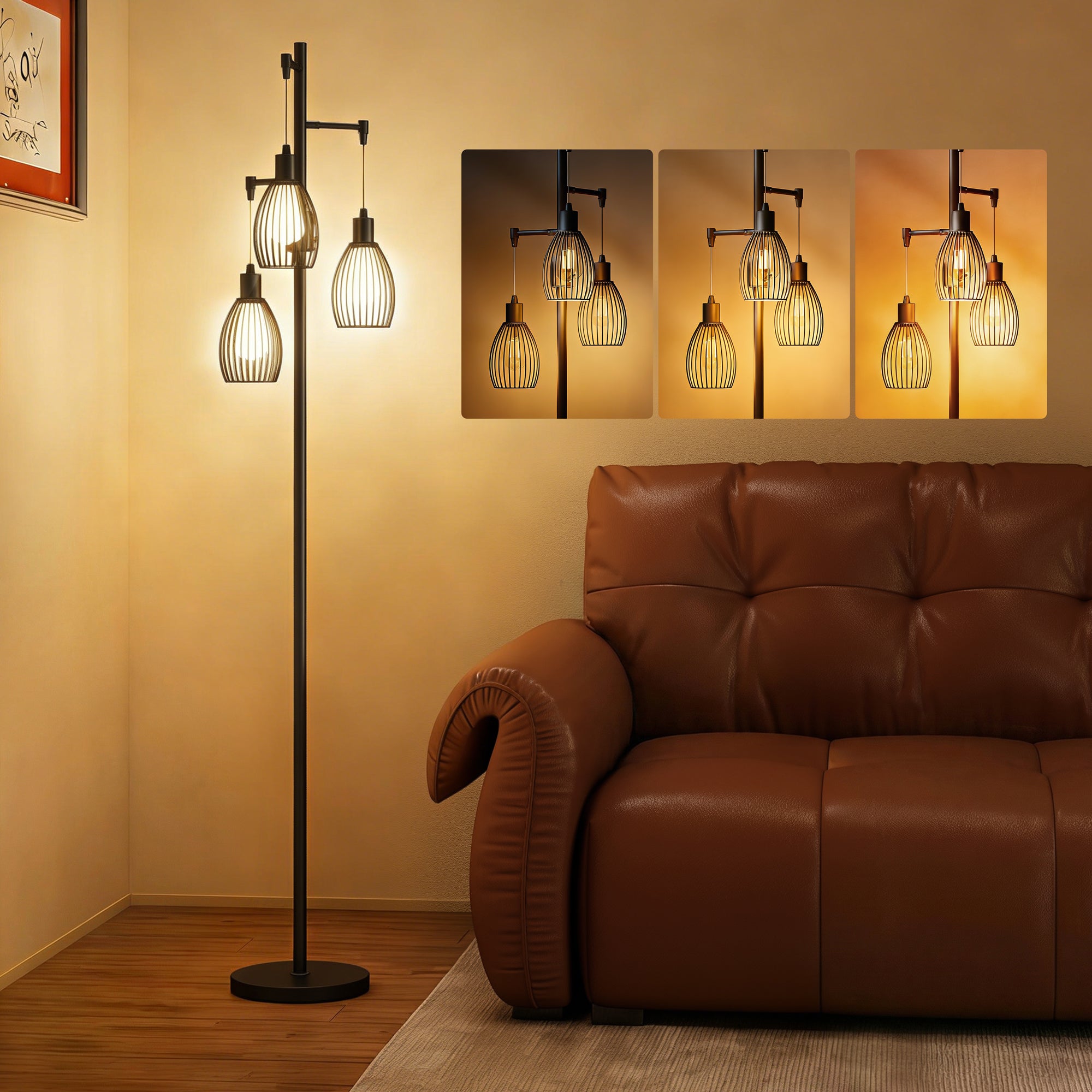 HOMCOM 170cm Industrial 3-Light Floor Lamp, Dimmable Standing Lamp with Steel Lampshades for Living Room, Bedroom, Dinging Room, Study, Black
