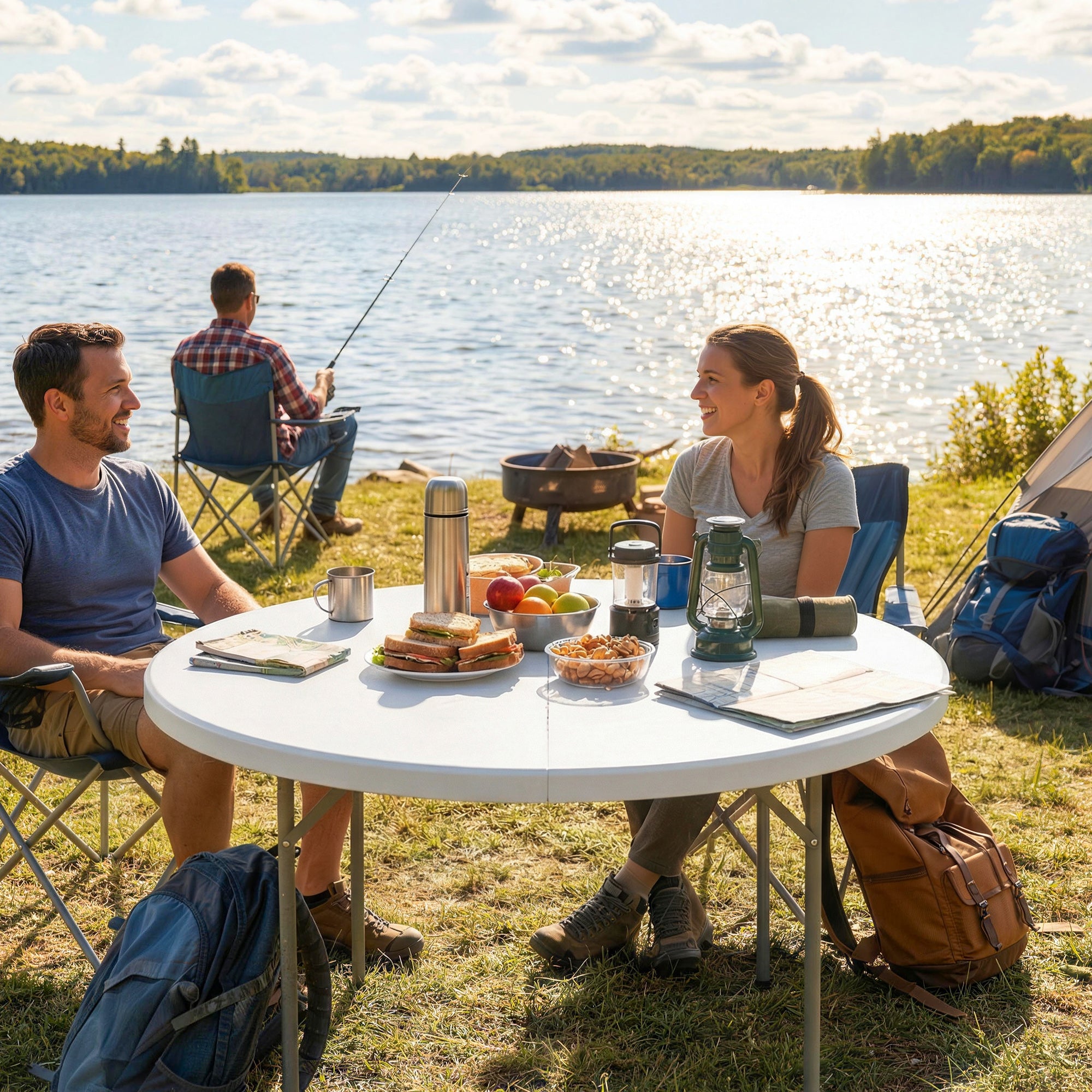 Outsunny 120 cm Folding Picnic Table, Camping Table with Non-slip Foot Pads and Metal Frame, 100 kg Load, for Garden, White
