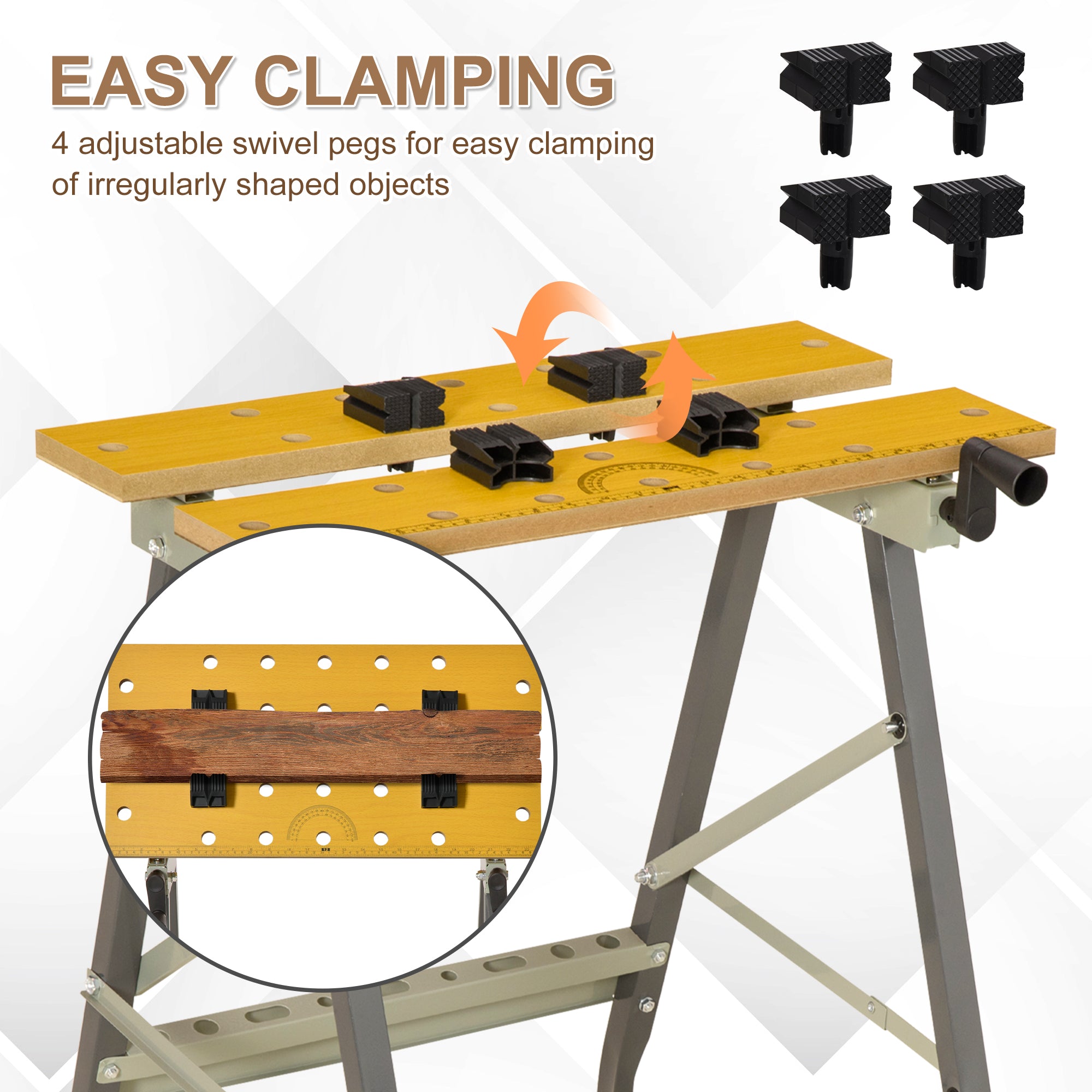 DURHAND 4-in-1 Work Bench, Saw Horse Folding Clamp Table w/ 4 Adjustable Clamping Pegs for DIY Home Garage, Grey - North Peak Garden Furniture