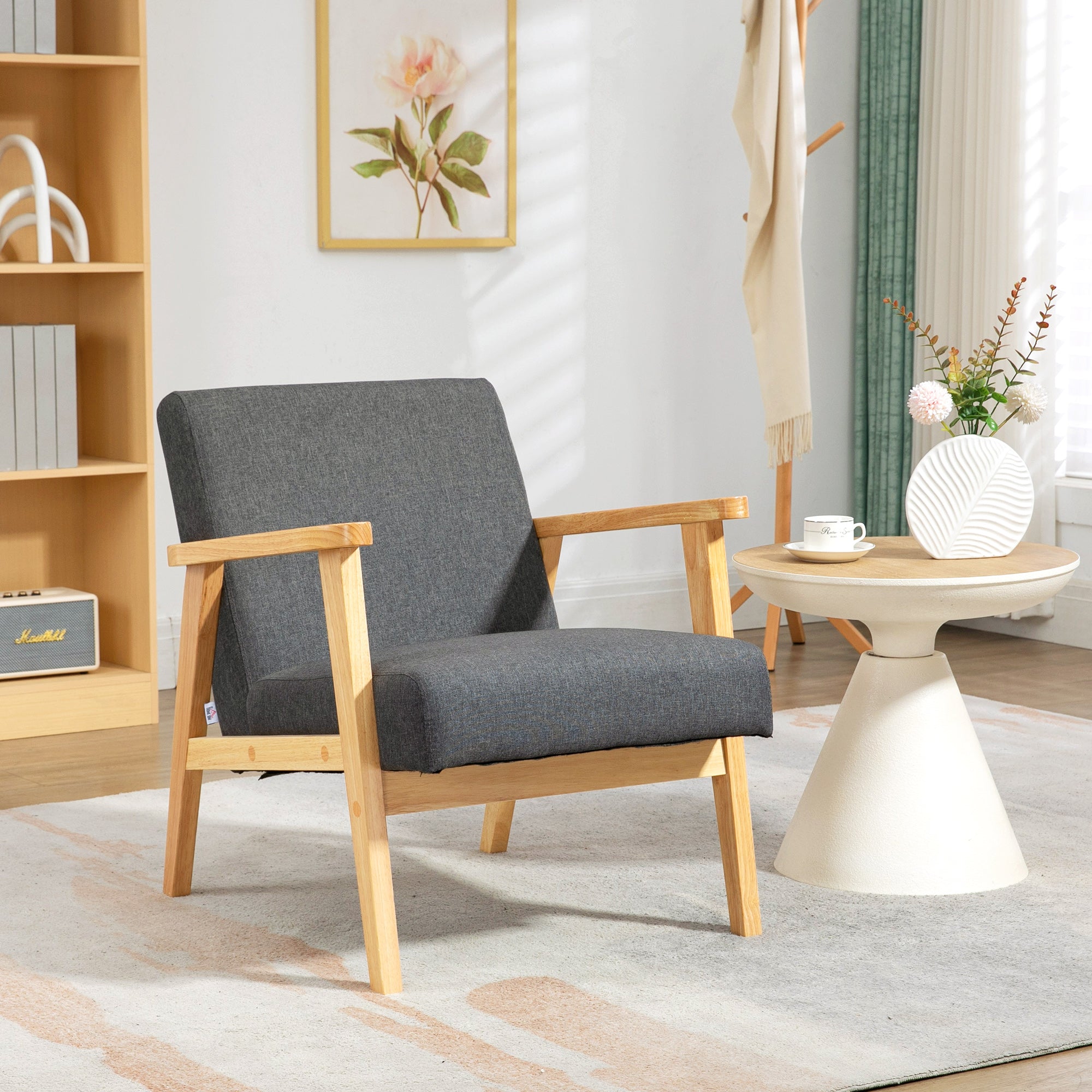 HOMCOM Fabric Accent Chair for Living Room, Arm Chair with Rubber Wood Frame and Padded Cushion, Dark Grey - North Peak Garden Furniture