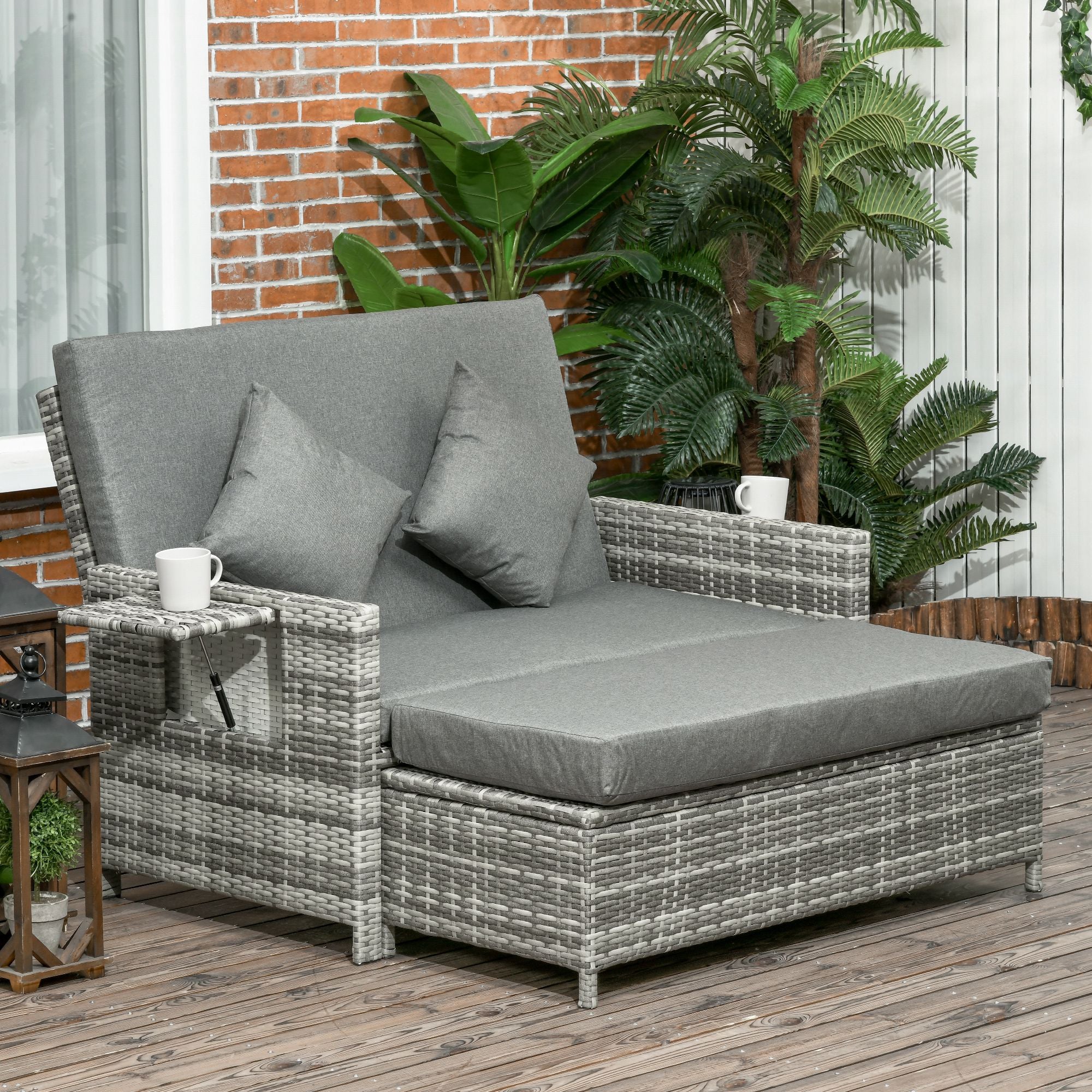 Outsunny 2 Seater Assembled Garden Patio Outdoor Rattan Furniture Sofa Sun Lounger Daybed with Fire Retardant Sponge - Grey - North Peak Garden Furniture