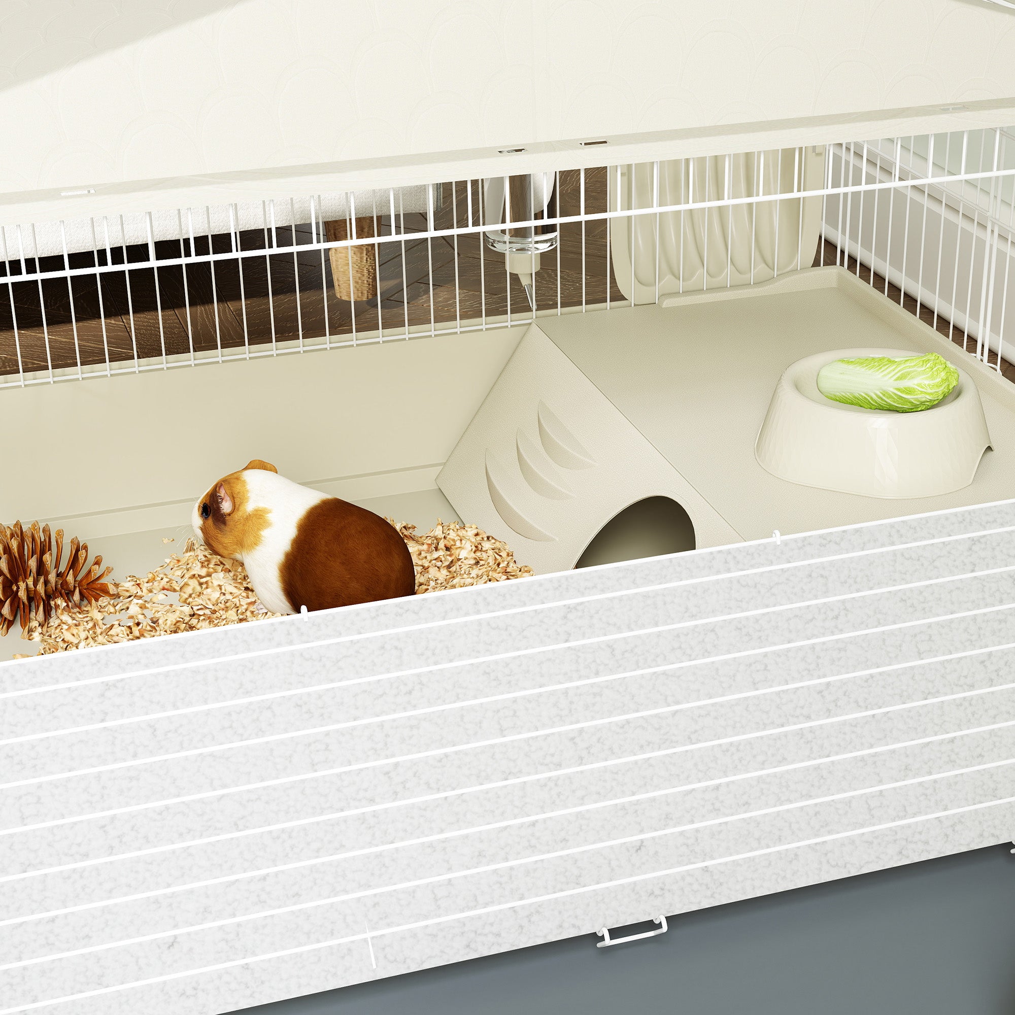 PawHut Small Animal Cage with Removable Pet Playpen, Guinea Pig Cage with Waterproof Pad, Hay Feeder, 108 x 71 x 57cm, Beige - North Peak Garden Furniture