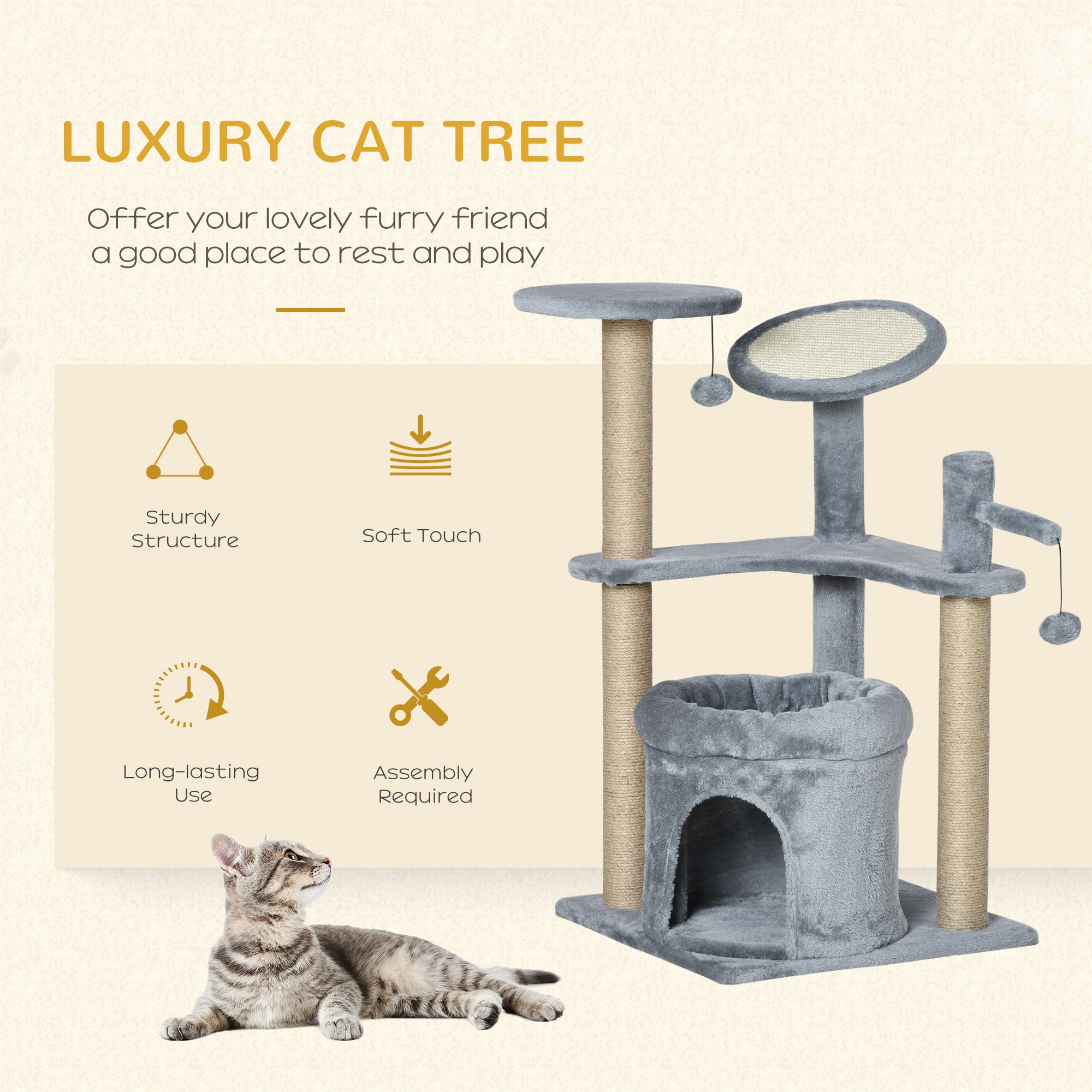 PawHut 87 cm Cat Tree for Indoor Cats, Kitten Tree Tower with Scratching Posts Pad, Cat Condo, Plush Perches, Hanging Ball - Grey