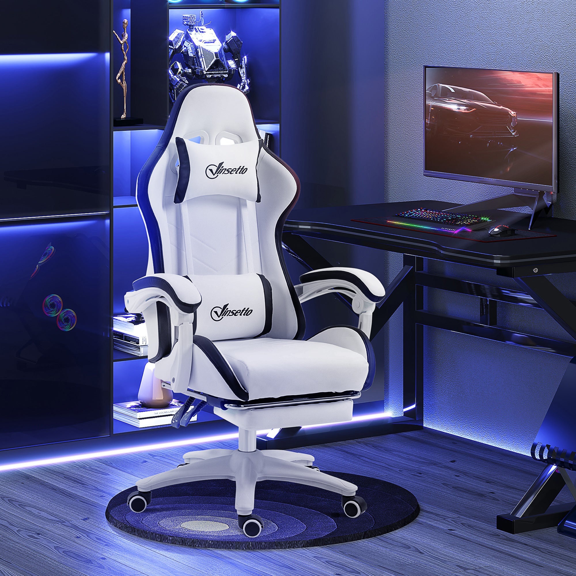 Vinsetto Computer Gaming Chair, PU Leather Desk Chair with Footrest, Swivel Task Chair with 135° Reclining Back and Lumbar Support, PC Chair for Adults, White and Black - North Peak Garden Furniture
