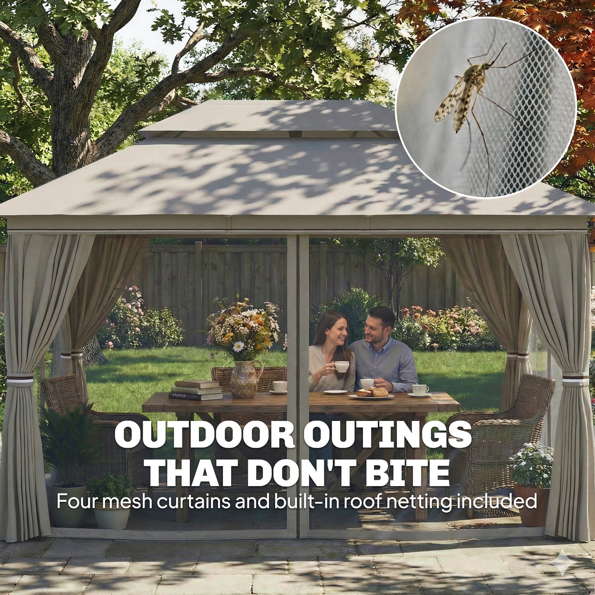 Outsunny 3 x 4 m Outdoor Garden Gazebo with Netting and Curtains, UPF50+ Patio Gazebo Permanent Pavilion Canopy, Beige