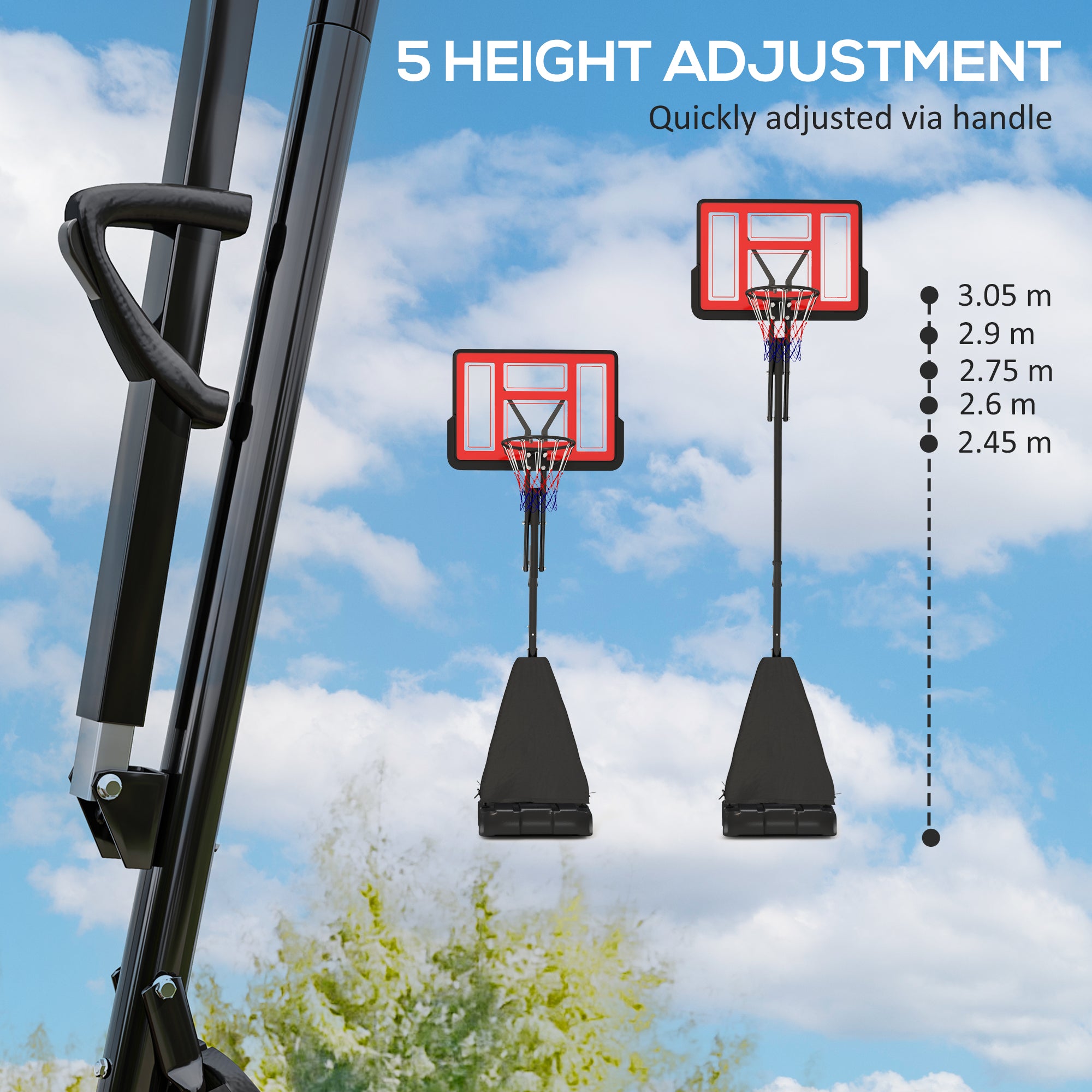 SPORTNOW Basketball Hoop Outdoor, Height Adjustable Basketball Hoop and Stand with Rebound System, Weighted Base, Portable on Wheels, 2.45-3.05m, for Teens, Juniors, Adults, Red - North Peak Garden Furniture
