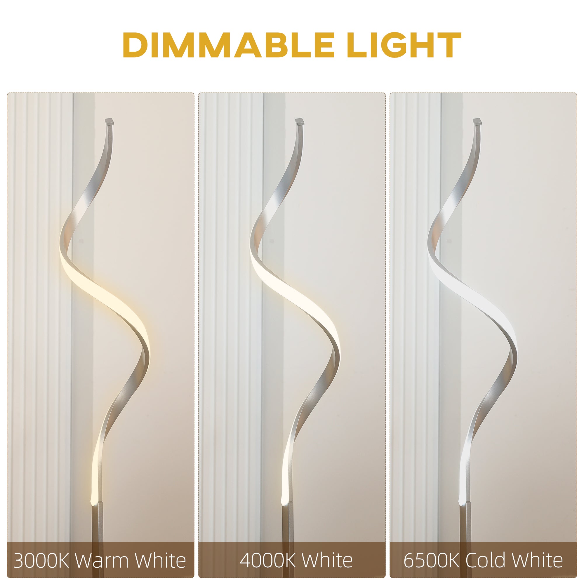 HOMCOM Dimmable Floor Lamp for Living Room, Modern Spiral Standing Lamp with 3 Adjustable Brightness and Square Base, Silver - North Peak Garden Furniture
