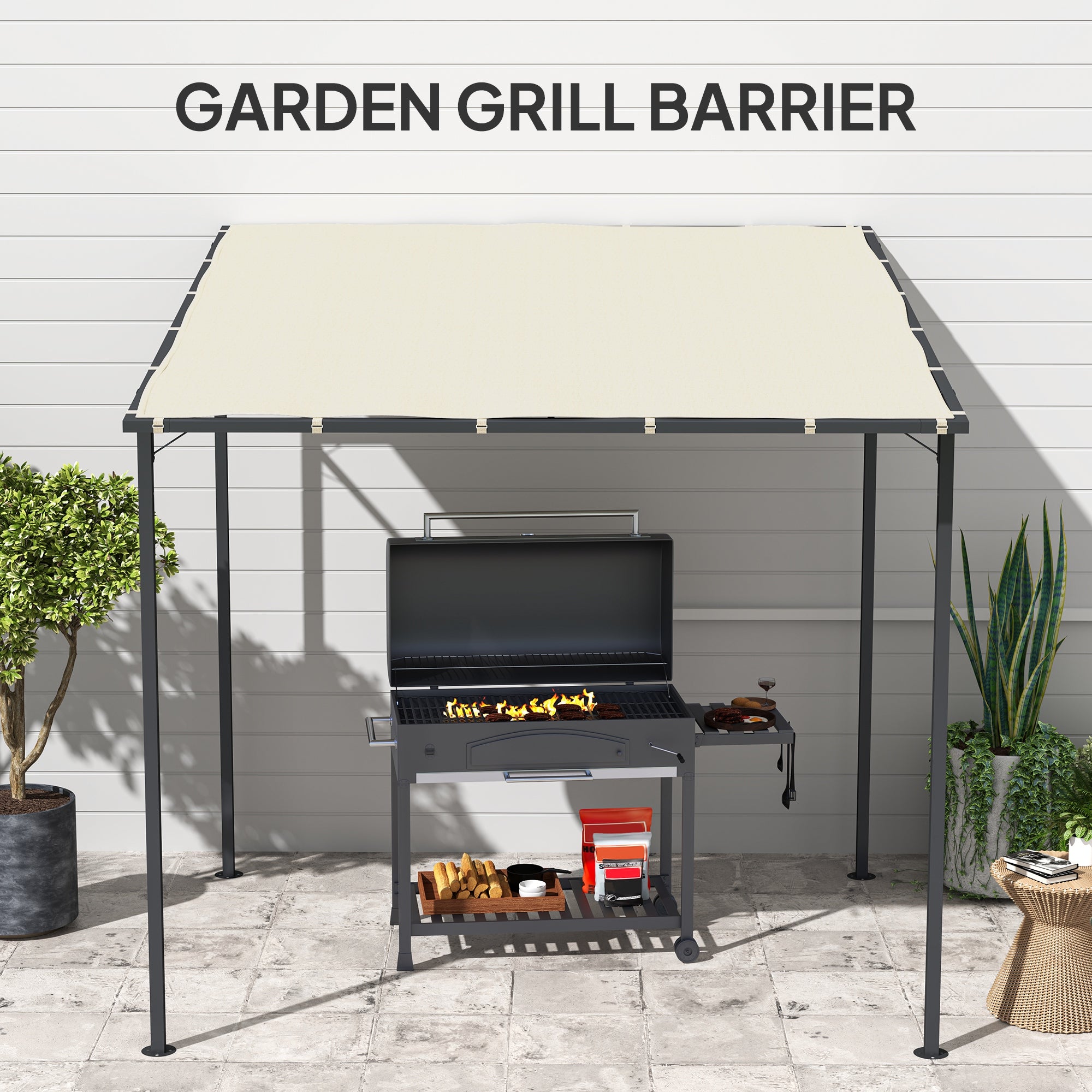 Outsunny 2.4 x 2.4 m Wall Mounted Pergola Gazebo with PA Coating Fabric and Metal Frame, UPF30+, Lean to Garden Gazebo, Wind Resistant Outdoor Sun Shade Shelter for Garden, Deck, Cream White - North Peak Garden Furniture