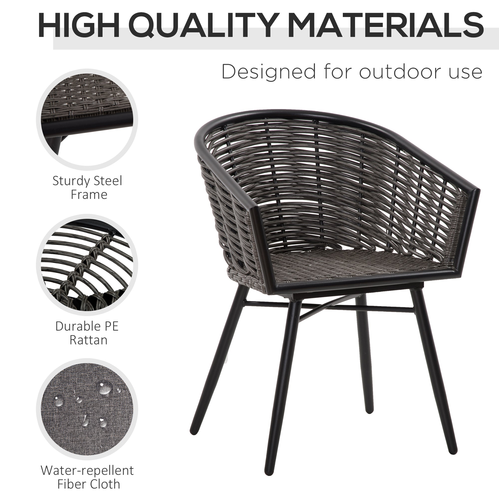 Outsunny 3 Pieces Rattan Bistro Set, Wicker Garden Furniture Set with Round Glass Top Coffee Table and Chairs, Washable Cushions for Outdoor, Patio, Balcony, Grey - North Peak Garden Furniture