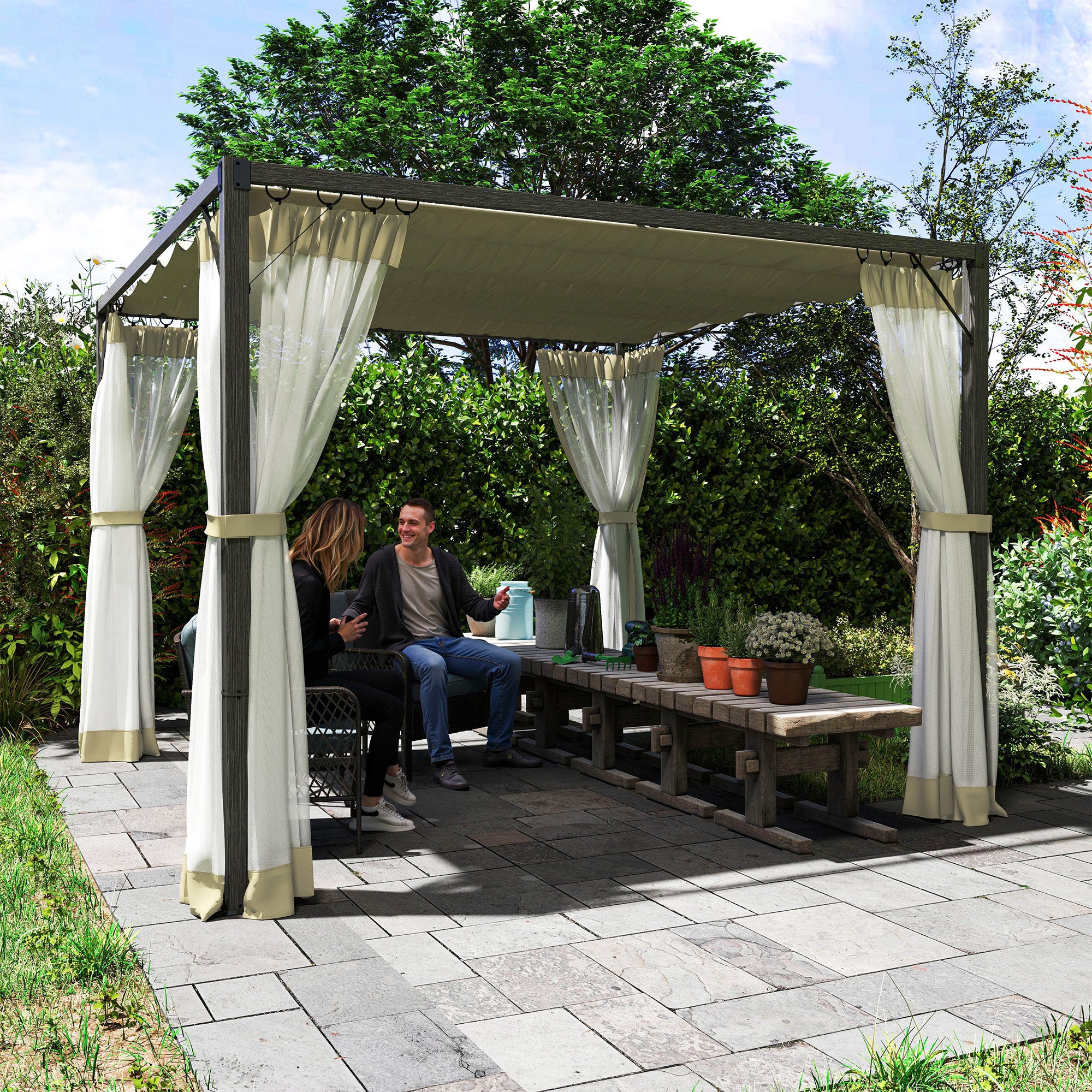 Outsunny 3 x 3m Aluminium Frame Pergola, with Retractable Roof - Khaki - North Peak Garden Furniture