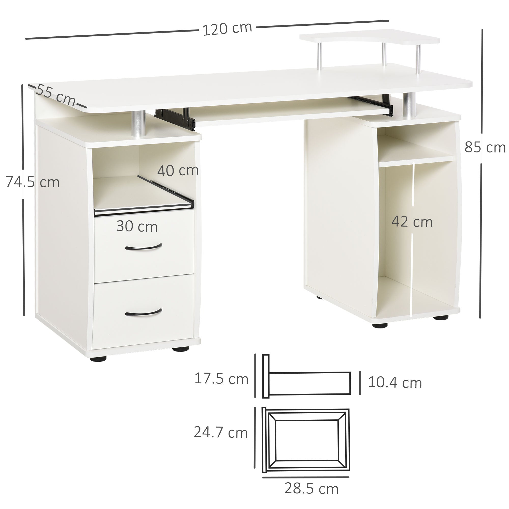 HOMCOM Computer Desk Office PC Table Workstation with Keyboard Tray, CPU Shelf, Drawers, Sliding Scanner Shelf, White - North Peak Garden Furniture