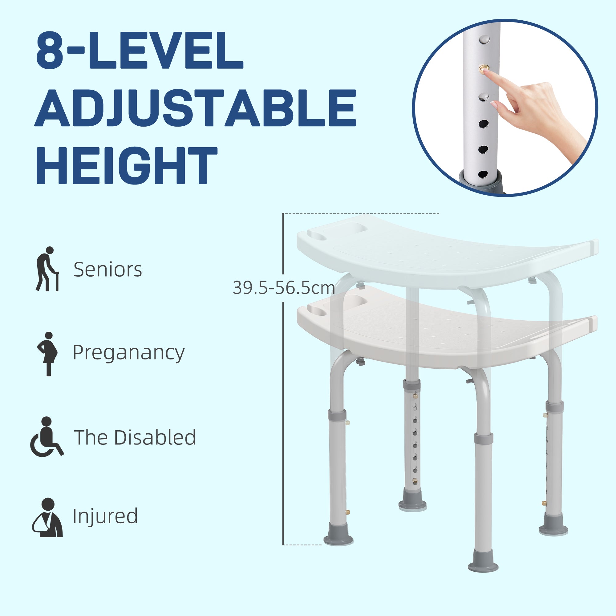 HOMCOM Height Adjustable Bath Stool, Aluminium Shower Stool with Non-Slip Pads for Elderly, Disabled, Seniors, Pregnant, White - North Peak Garden Furniture