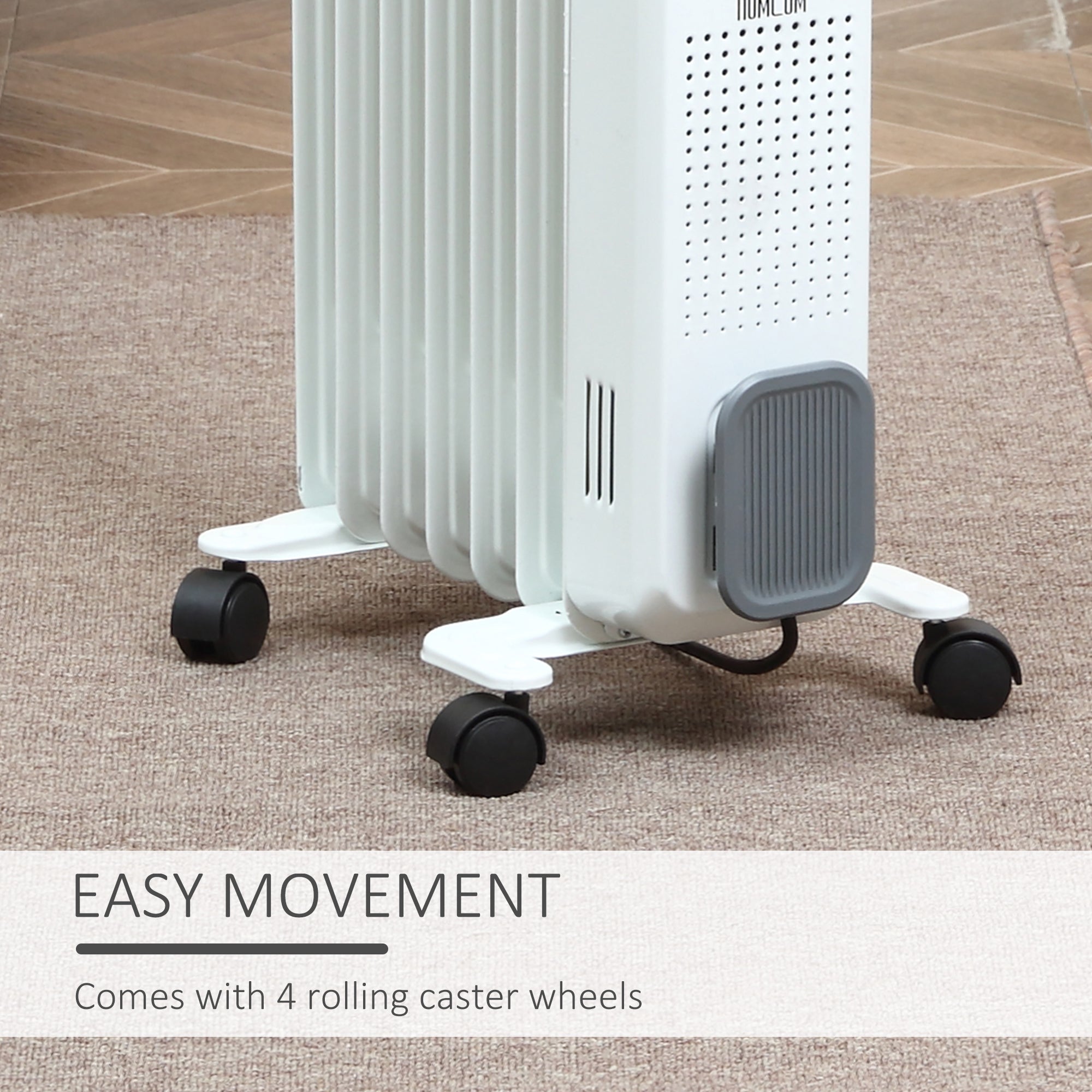 HOMCOM 1500W Oil Filled Radiator, 7 Fin, Portable Electric Heater with 3 Heat Settings, Safety Cut-Off and Wheels, White