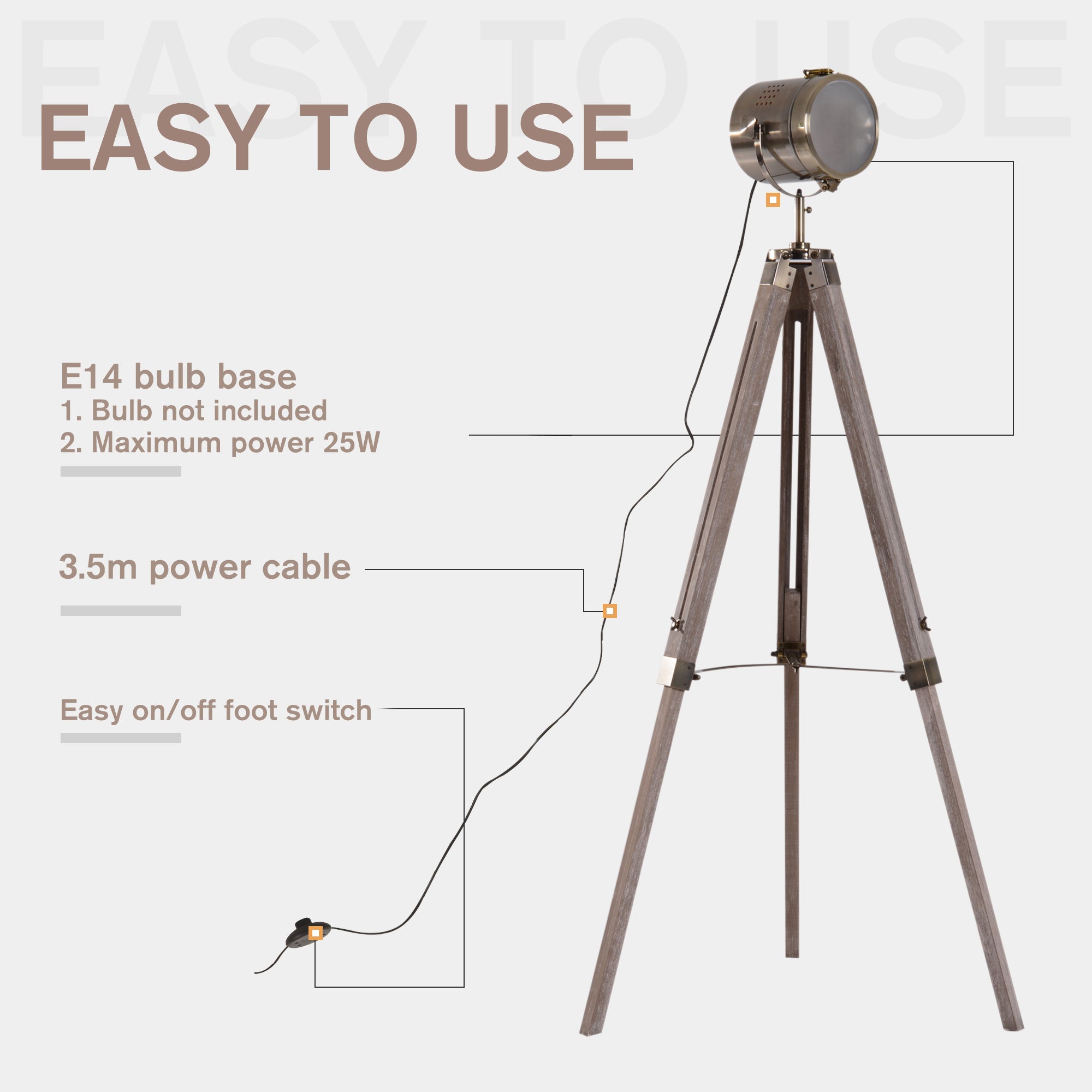 HOMCOM Industrial Tripod Floor Lamp, Nautical Searchlight with Adjustable Height, Wood Legs, E12 Lamp Base for Living Room, Bedroom, Grey and Bronze - North Peak Garden Furniture