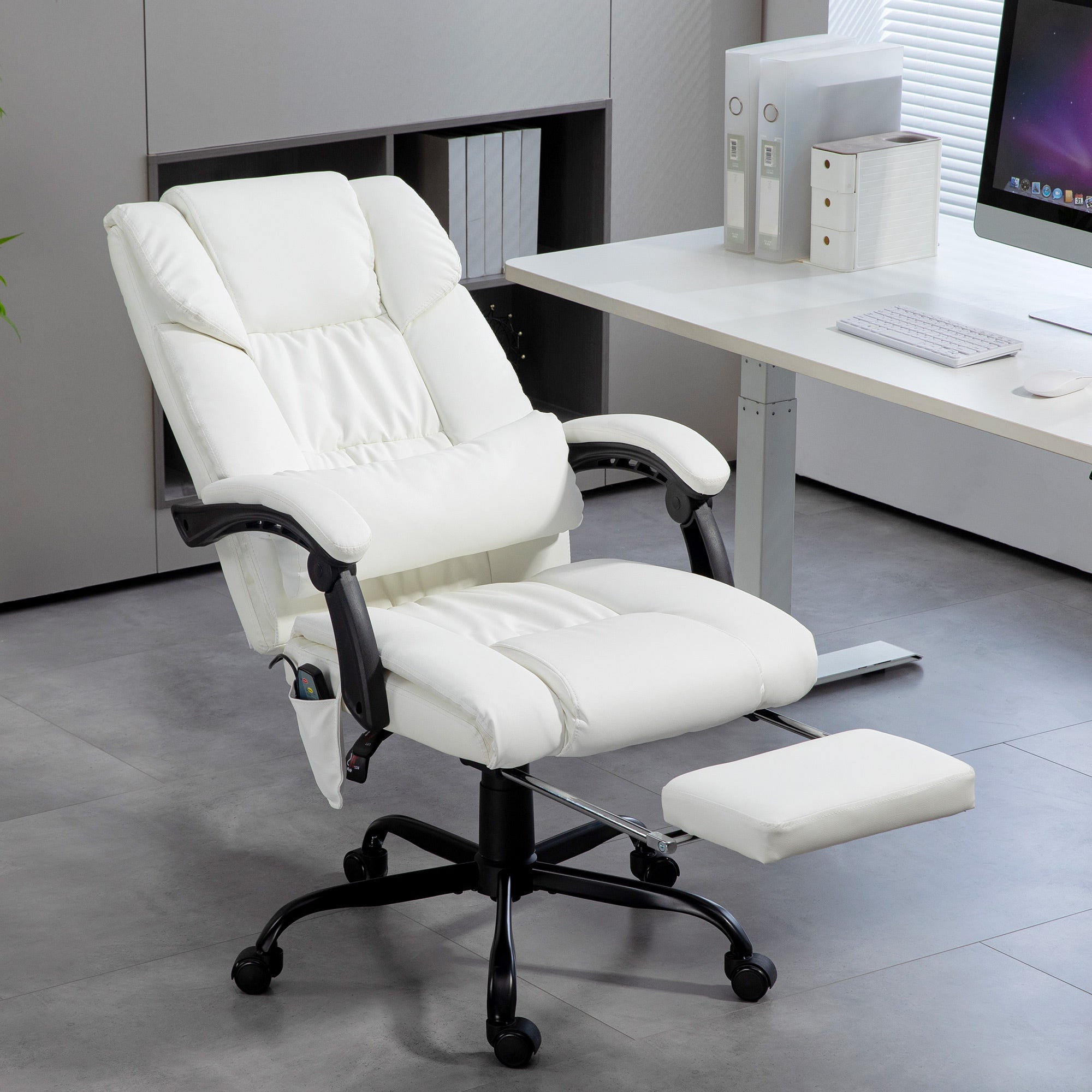 Vinsetto 6-Point Massage Office Chair, PU Leather Desk Chair with Adjustable Height and Footrest for Home Office, White - North Peak Garden Furniture