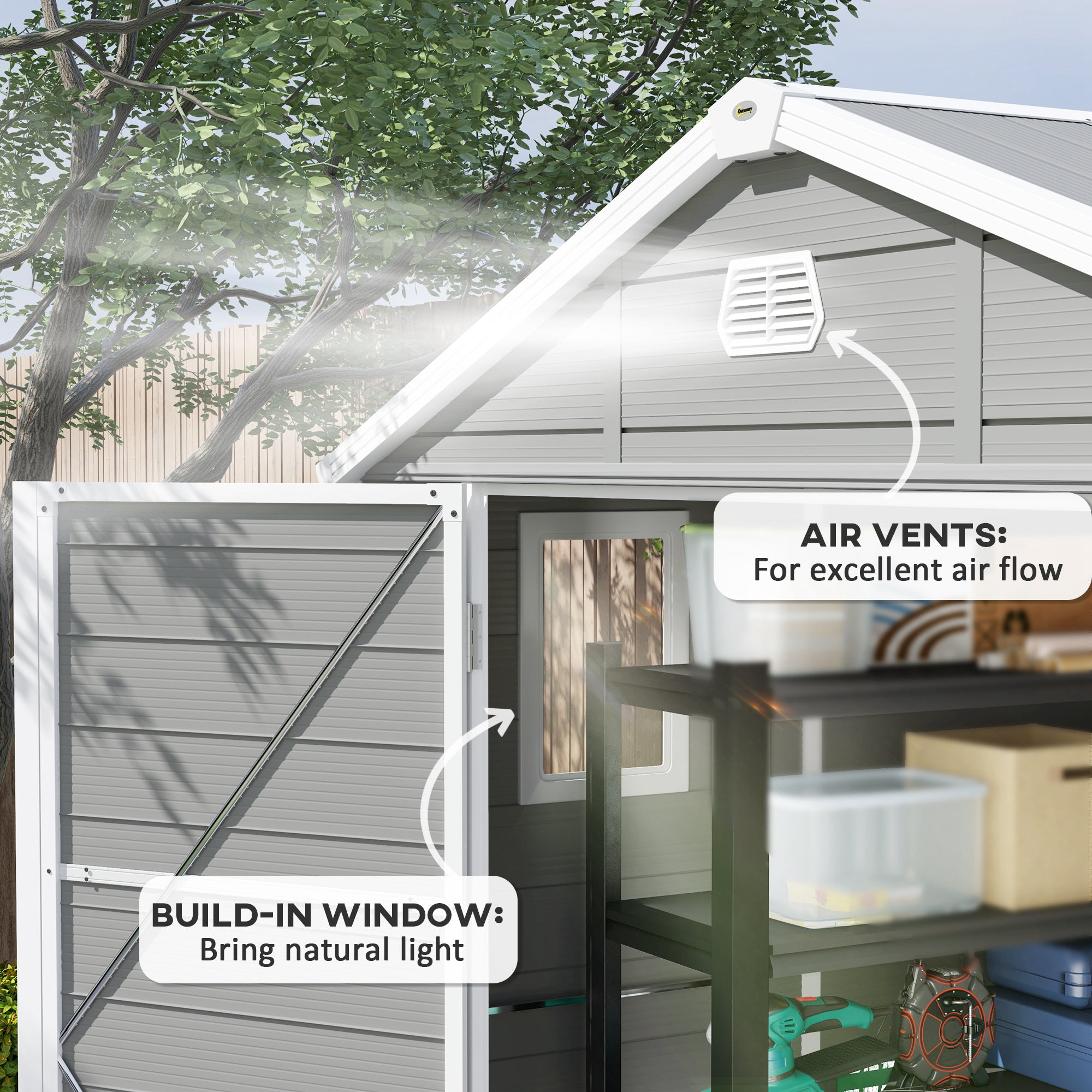 Outsunny 7.9ft x 6.2ft Aluminium Frame and Plastic Wall Shed, with Foundation - Light Grey - North Peak Garden Furniture