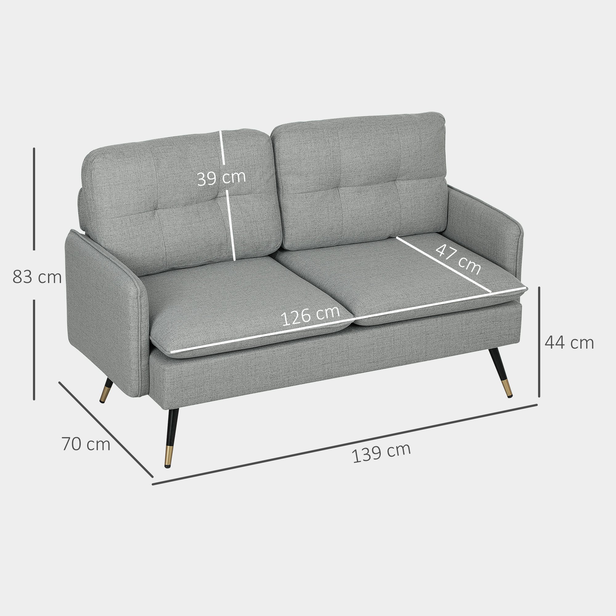 HOMCOM Modern Two Seater Sofa, Button Tufted Loveseat with Cushions and Steel Legs for Living Room, Guest Room, Grey - North Peak Garden Furniture