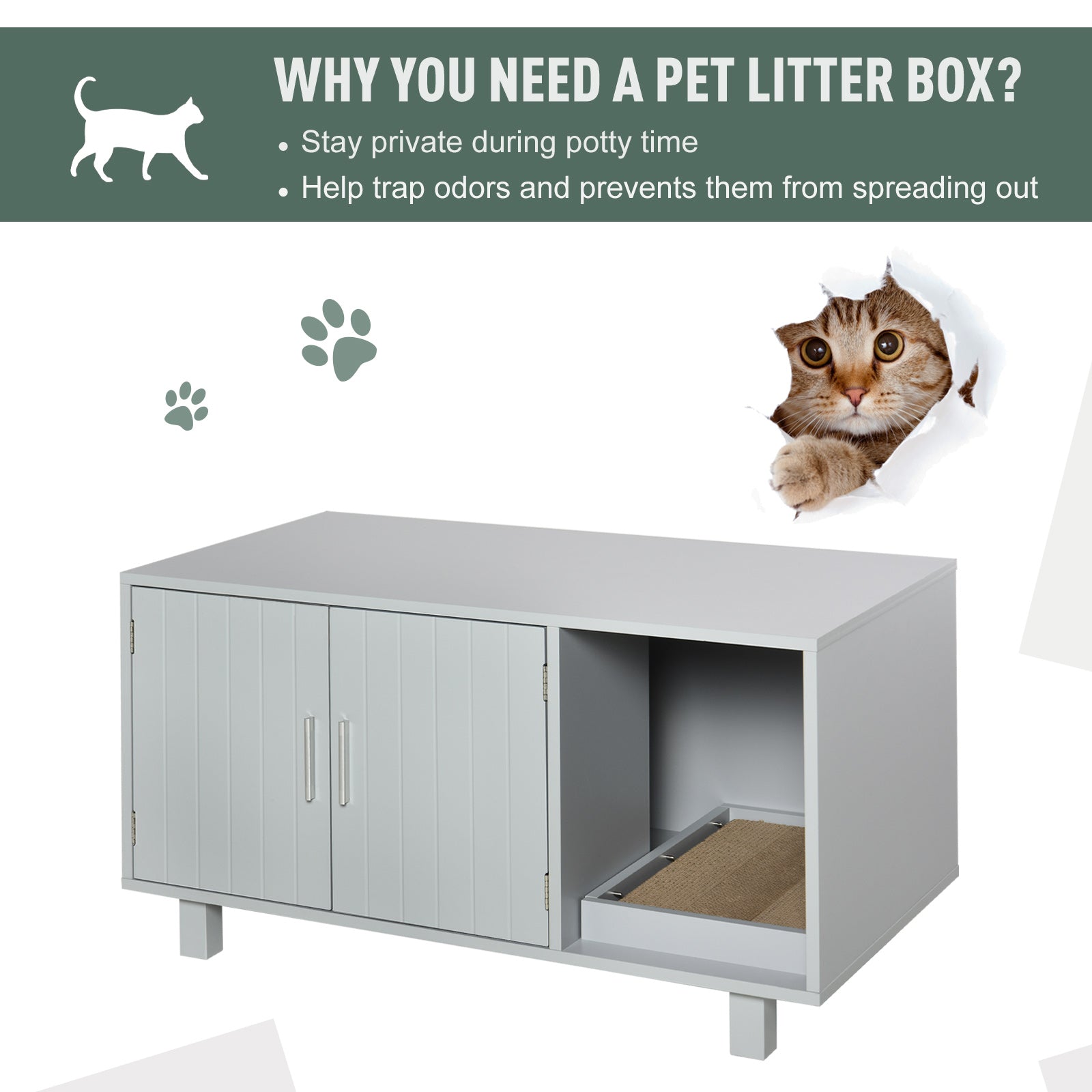 PawHut Wooden Cat Litter Box Enclosure & House with Nightstand/End Table Design, Scratcher, & Magnetic Doors, Grey - North Peak Garden Furniture