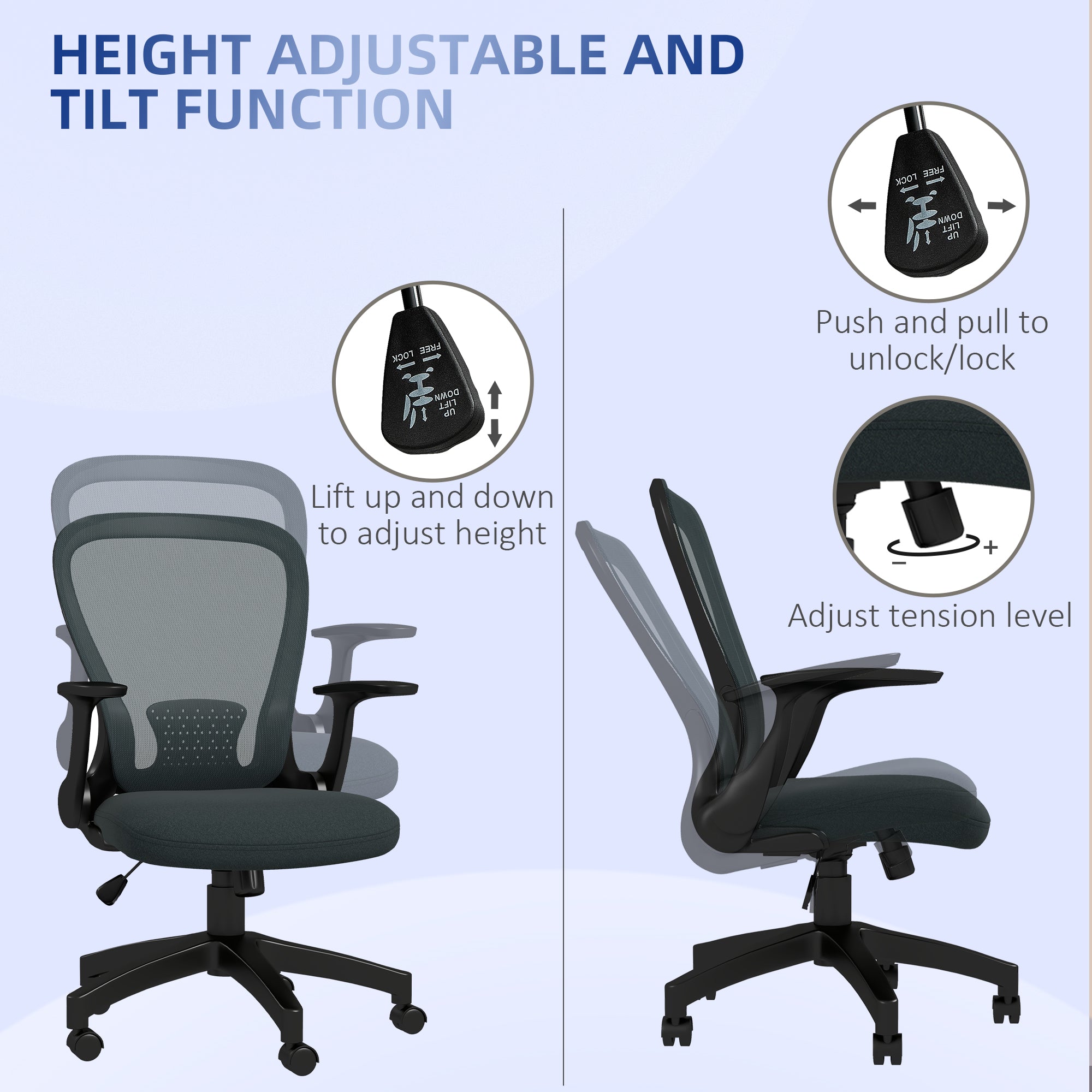 Vinsetto Ergonomic Office Chair, Mesh Desk Chair with Flip-up Armrest, Lumbar Back Support, Swivel Wheels, Grey - North Peak Garden Furniture