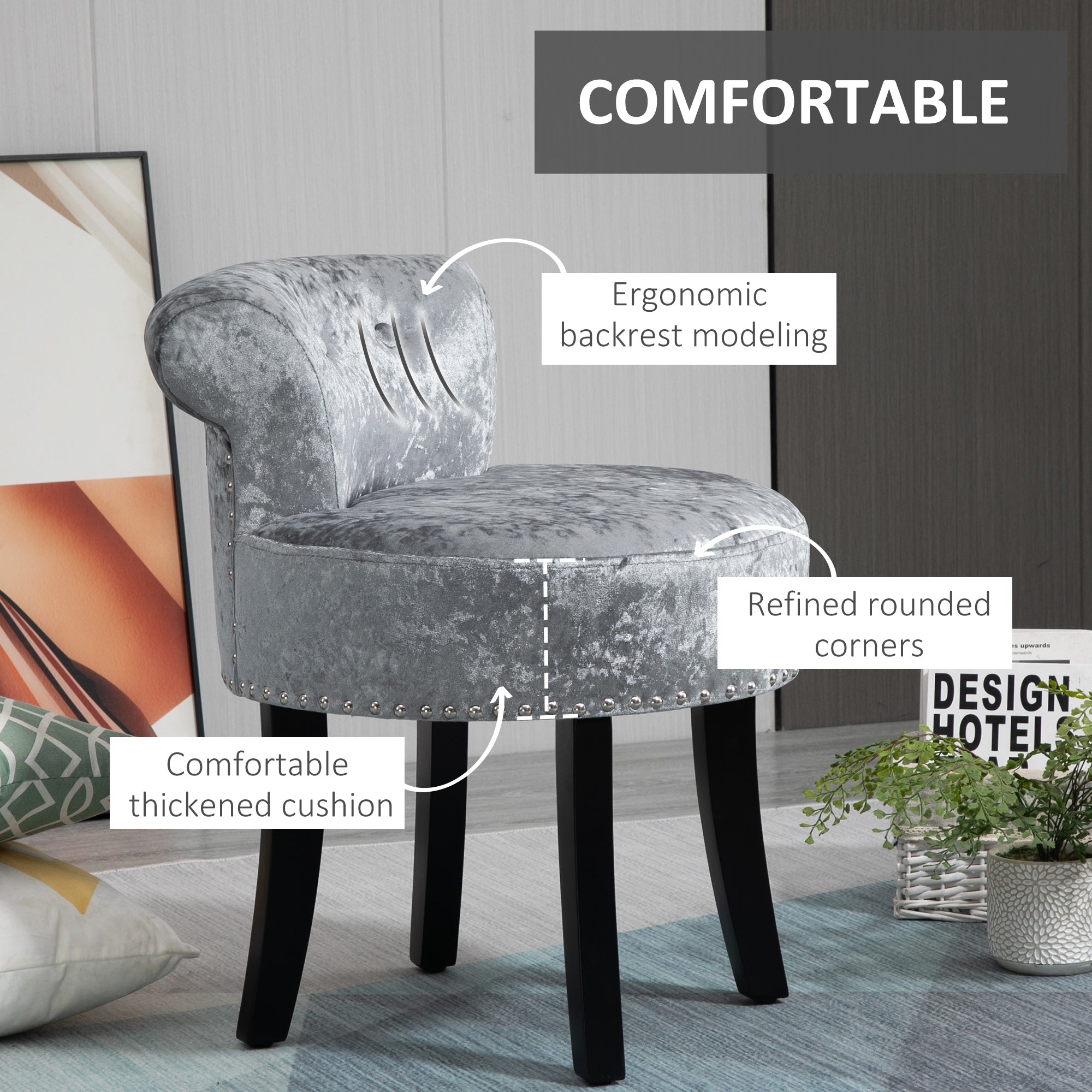 HOMCOM Dressing Table Stool with Rubber Wood Legs, Ice Velvet Vanity Stool for Living Room Bedroom, Grey - North Peak Garden Furniture