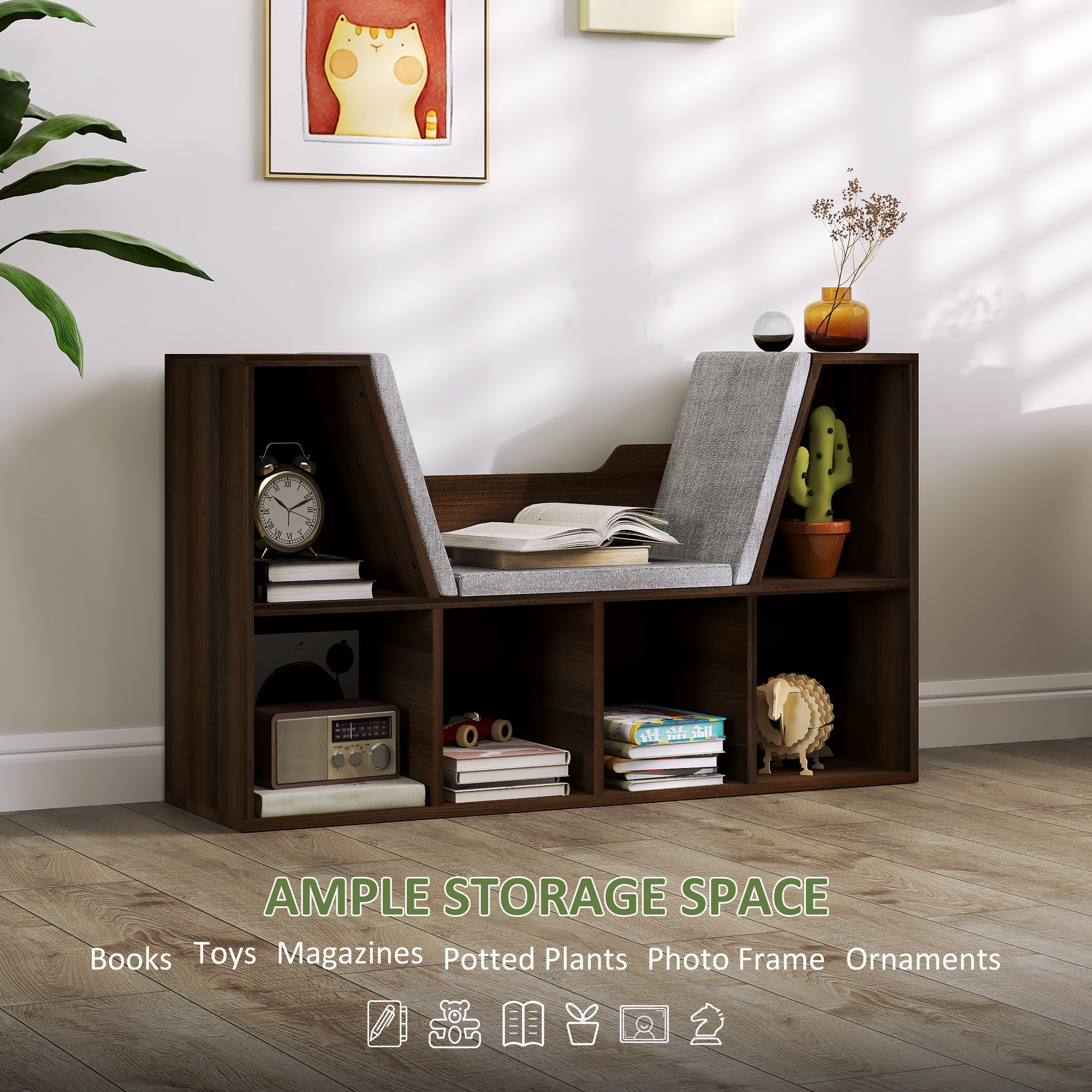 HOMCOM Bookcase Storage Shelf with Cushioned Reading Seat, Cube Bookshelf Organizer for Bedroom Living Room, Chestnut - North Peak Garden Furniture