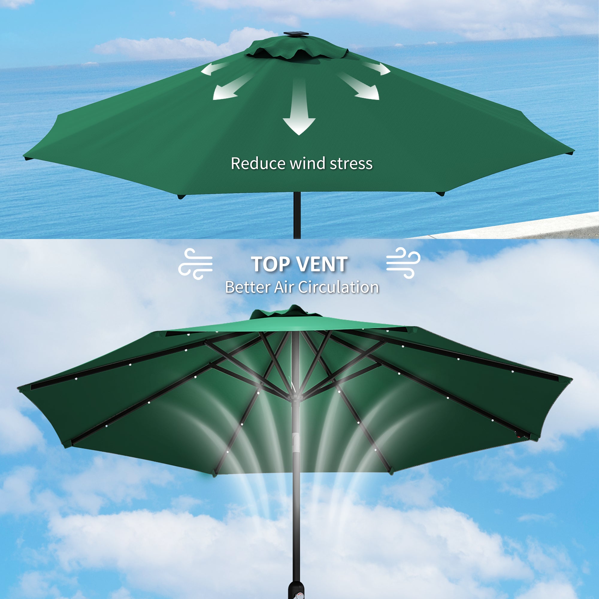 Outsunny 3 m Replacement Parasol Canopy with Top Vent, UPF 50+ Garden Parasol Replacement Canopy, 8 Rib Parasol Cover Replacement Fits Various Frames, Green - North Peak Garden Furniture