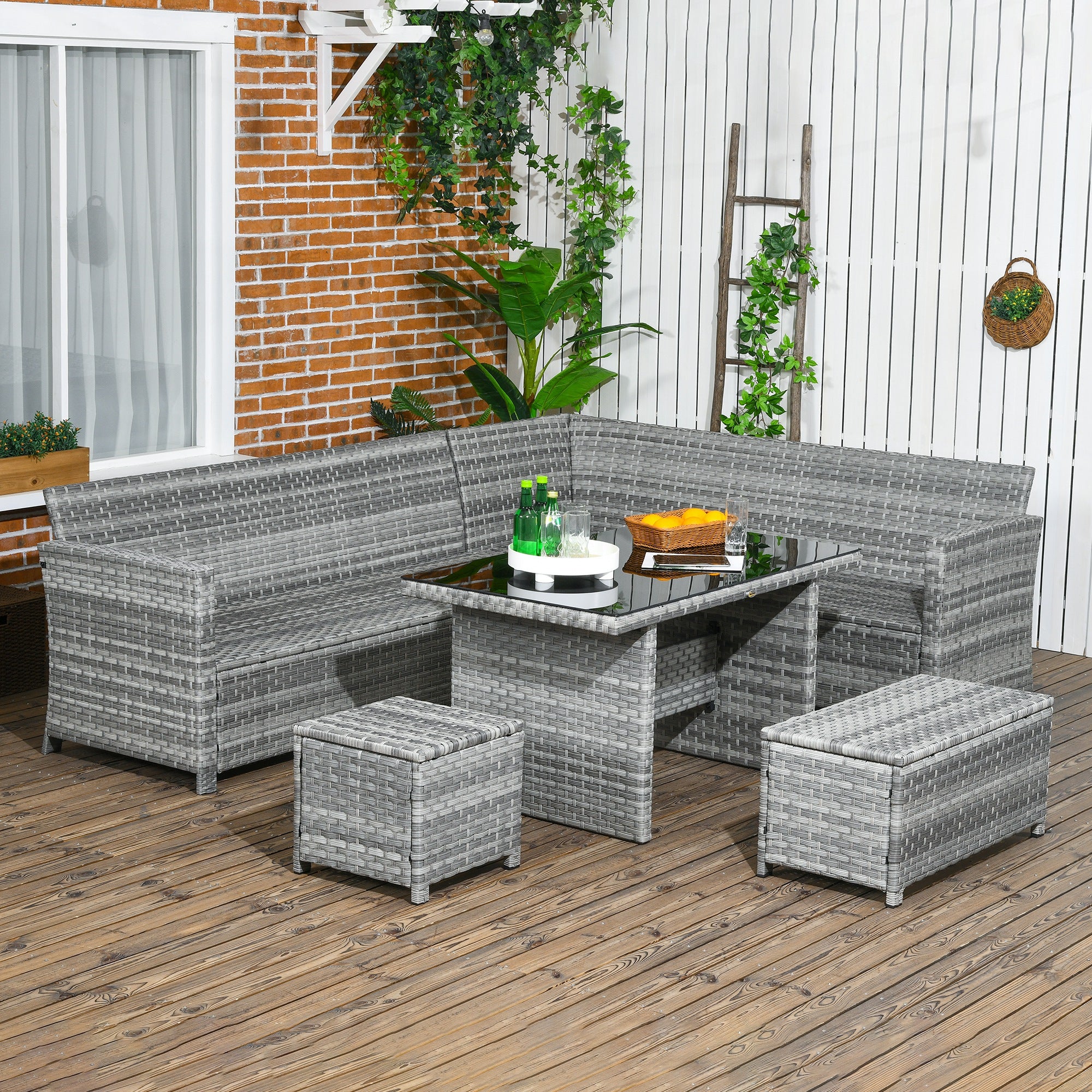 Outsunny 5-Piece Rattan Patio Furniture Set with Corner Sofa, Footstools, Glass Coffee Table, Cushions, Mixed Grey - North Peak Garden Furniture