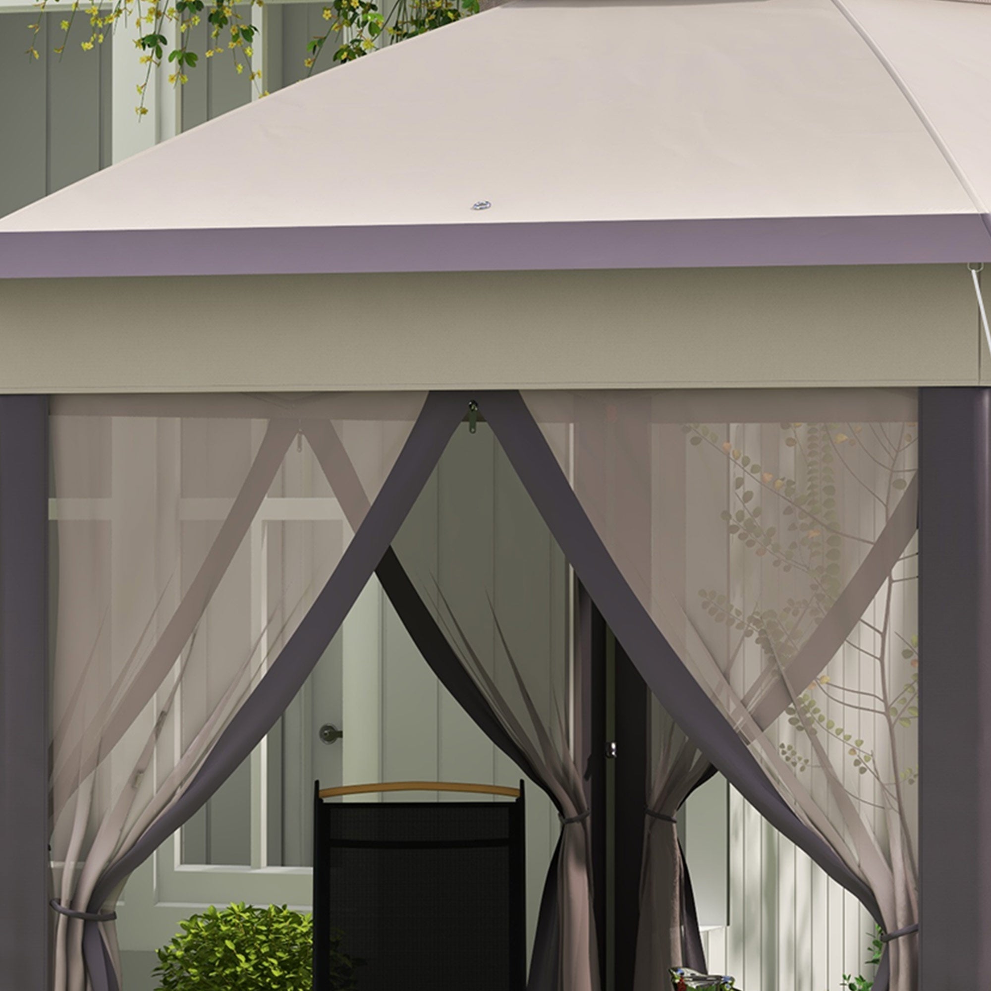 Outsunny Hexagon Garden Gazebo Pop Up Gazebo Outdoor Patio Double Roof Instant Shelter with Netting, 3 x 4m, Beige - North Peak Garden Furniture