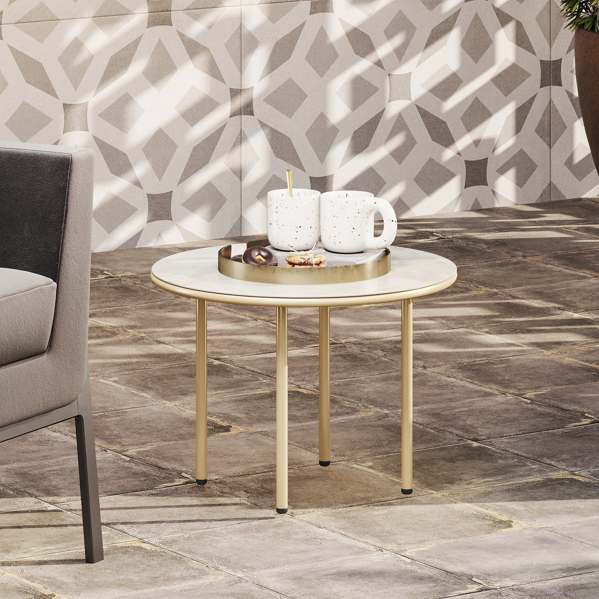Outsunny Round Small Garden Table, 60cm Outdoor Side Table with Faux Marble Tempered Glass Top, Steel Frame for Garden Patio Balcony, Beige - North Peak Garden Furniture