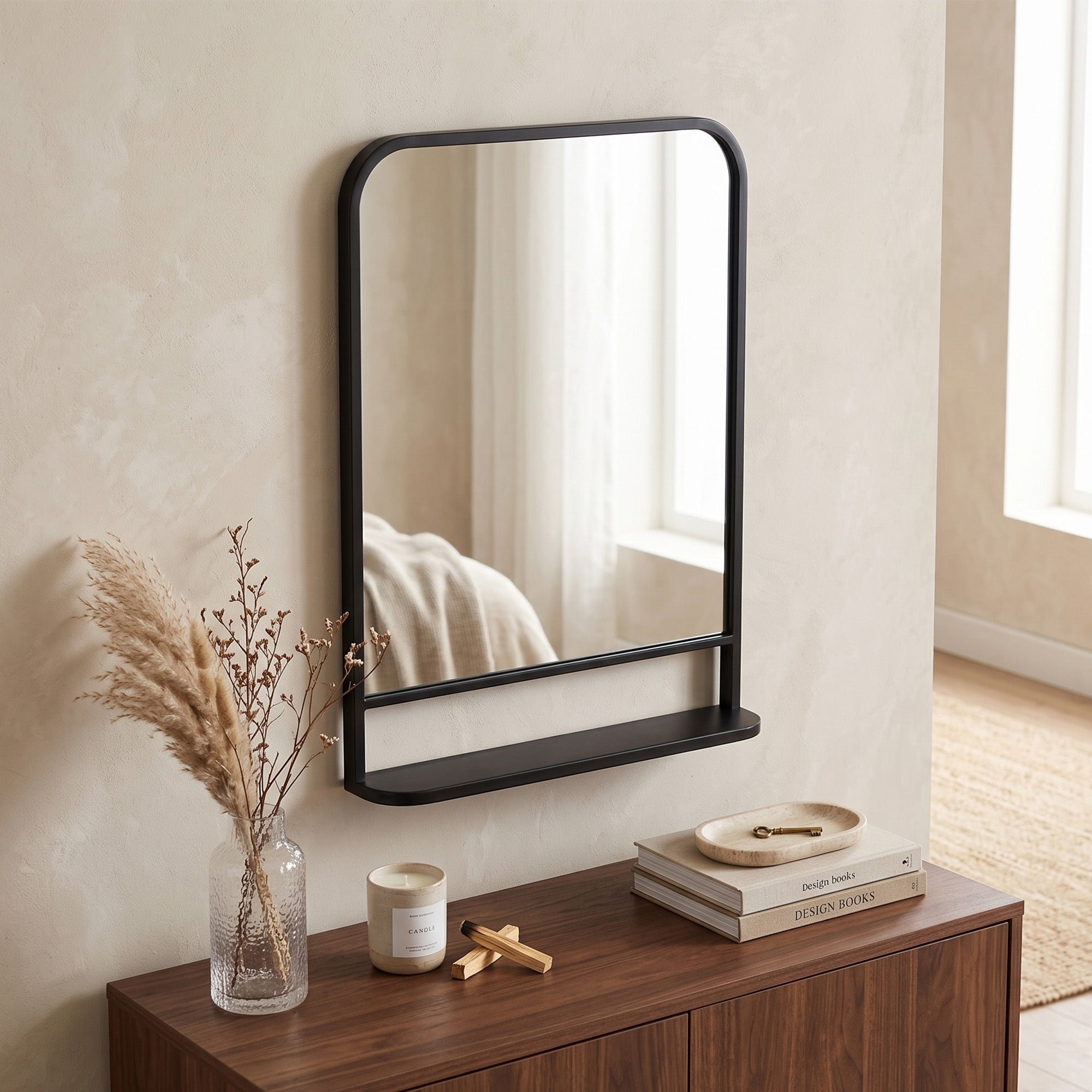 HOMCOM Modern Square Wall Mirror with Storage Shelf, 70 x 50 cm Mirrors for Living Room, Bedroom, Black